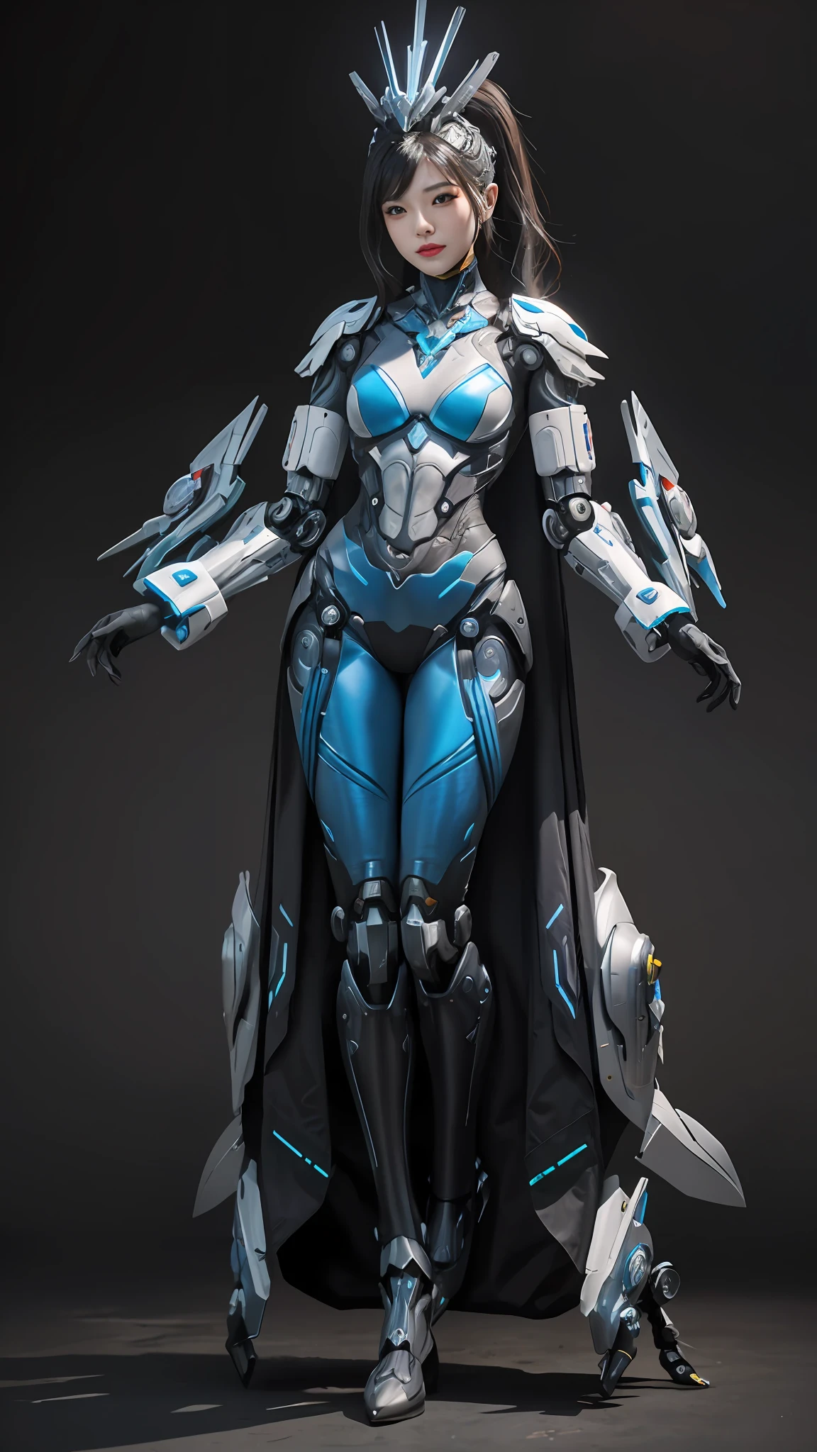 There is a woman in a costume standing on a robot, porcelain cyborg armor, girl in mecha cyber armor, Mechanized Valkyrie girl, of a beautiful female warframe, inspired by Leng Mei, female mecha, wearing techwear and armor, porcelain cyborg, Mecha suit, cyberpunk robotic elvish queen, echo from overwatch, sci - fi character