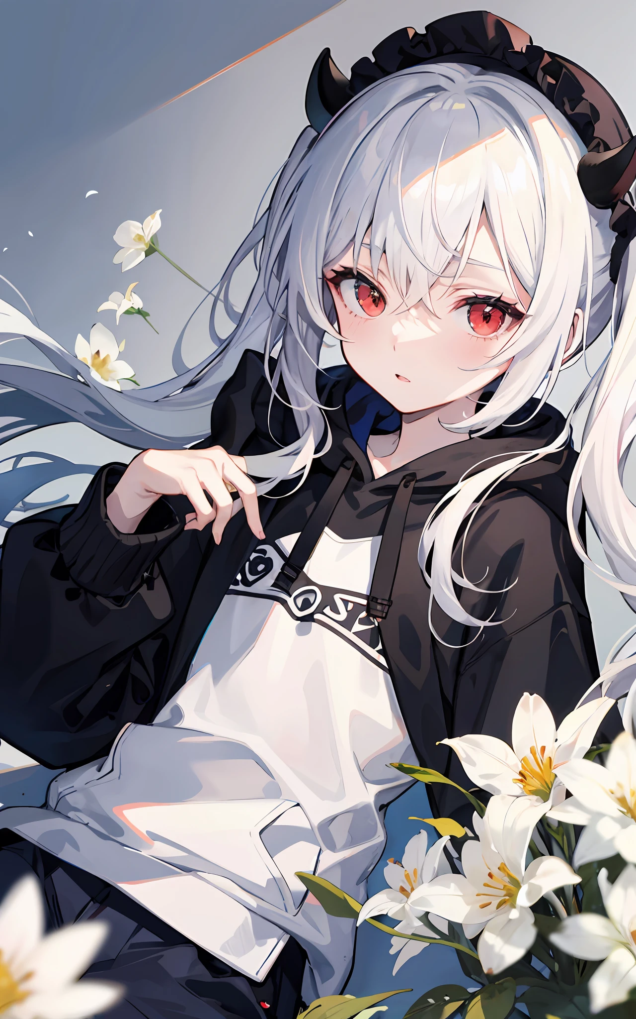 Pale skin, white hair, black hoodie, white flowers, flowers on head, Twintails, , solo,{{best quality}}, {{masterpiece}}, {{ultra-detailed}}, {illustration}, {detailed light}, red eyes
