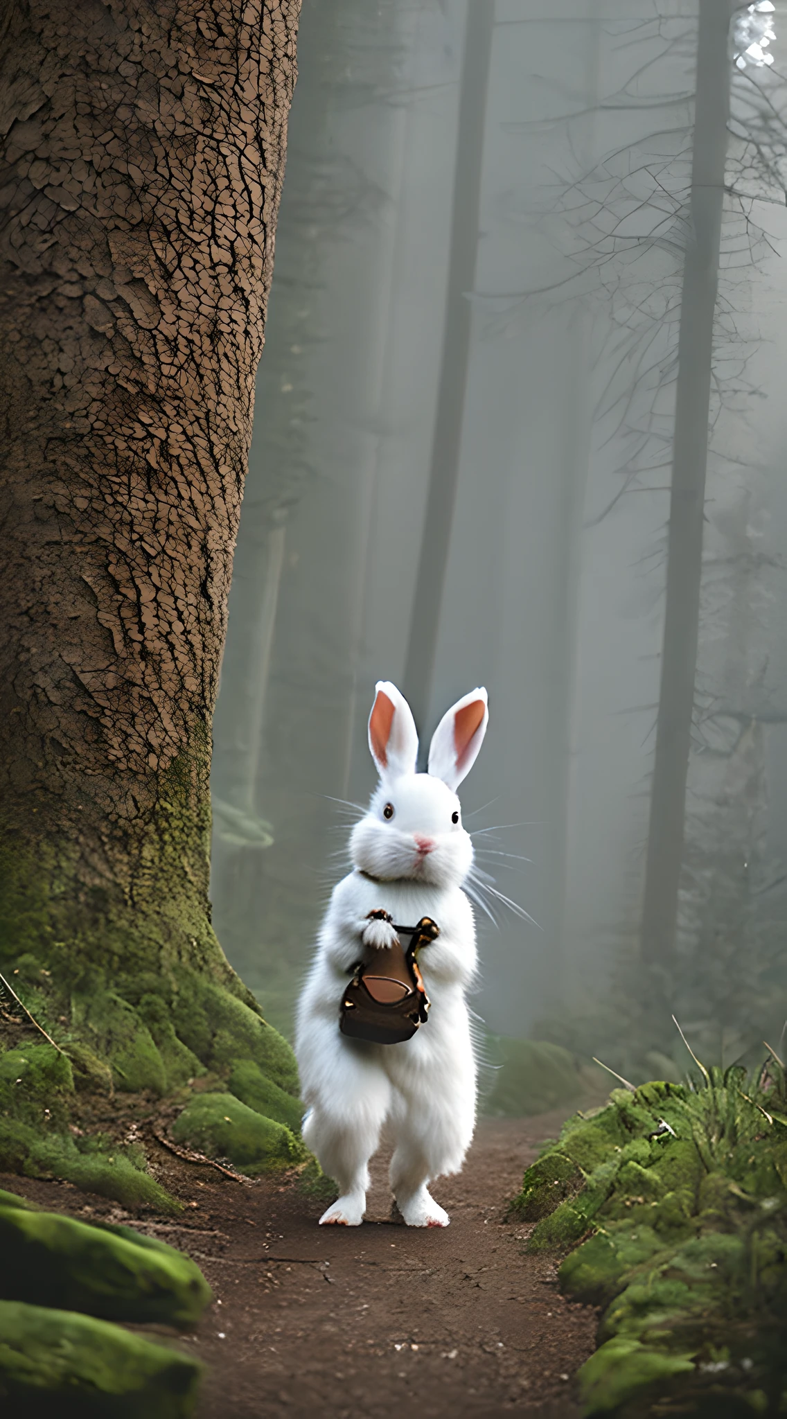 Classic negative portrait photo,Fantasy video game character concept art,Cute white furry bunny carrying a small brown leather backpack,Map hike through the forest,dungeons and dragons,rios,haze,Halo,blooms,Dramatic atmosphere,1970s dark fantasy film style,Central symmetry,the rule of thirds。