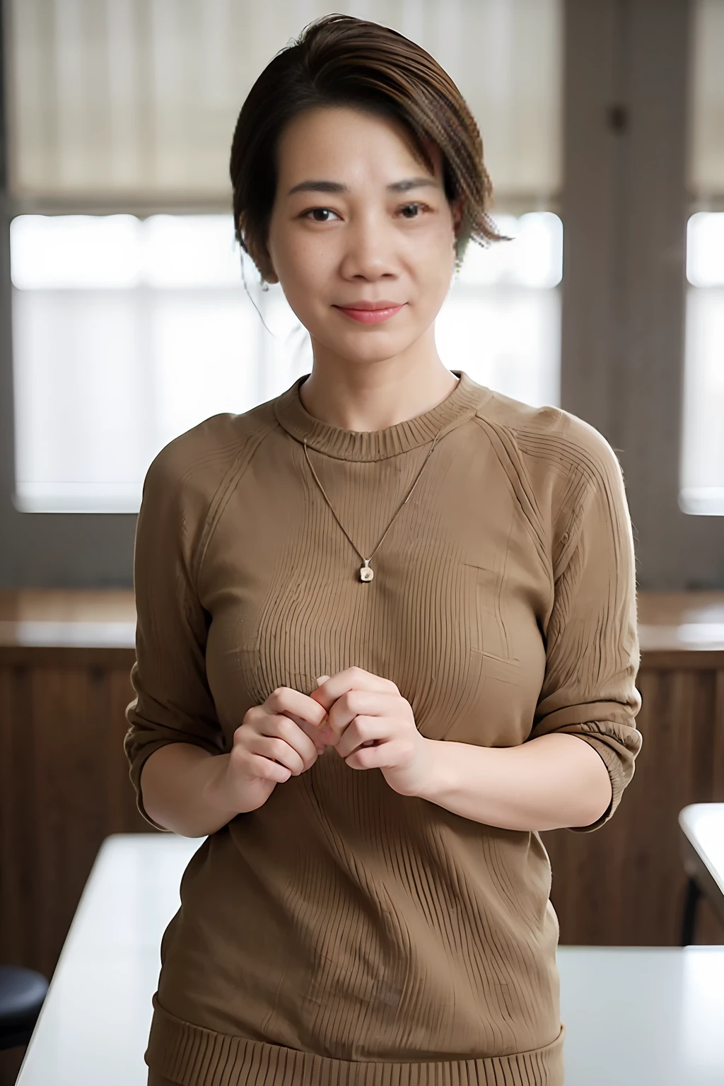 (Supermarket:1), mid afternoon, Doctor dressings, Short hair with light brown fringes, Light brown eyes, 1girll, Innocent, (Photorealistic), (Intricate details:1.2),(Masterpiece, :1.3),(Best quality:1.4), (超高分辨率:1.2), 超高分辨率, (Detailed eyes), (Detailed facial features), hdr, 8K resolution, (Lens flare:0.7), Turn around, Busy with inspection reports, face viwer