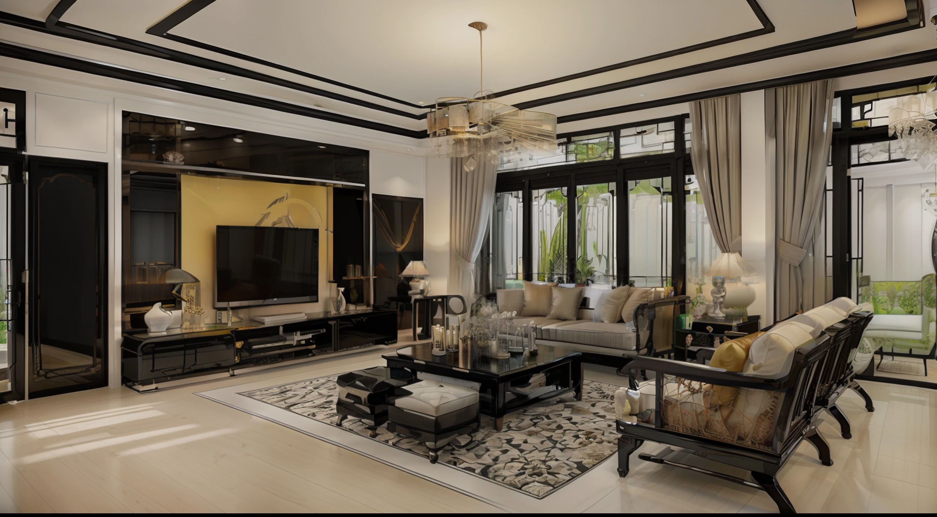 ((Best quality, 8k, Masterpiece :1.3)) (living room indochina BLACK Wood design: 1.3) glossy black wooden furniture , sofa , plaster ceiling , glossy mable floor , ink art , wall panel