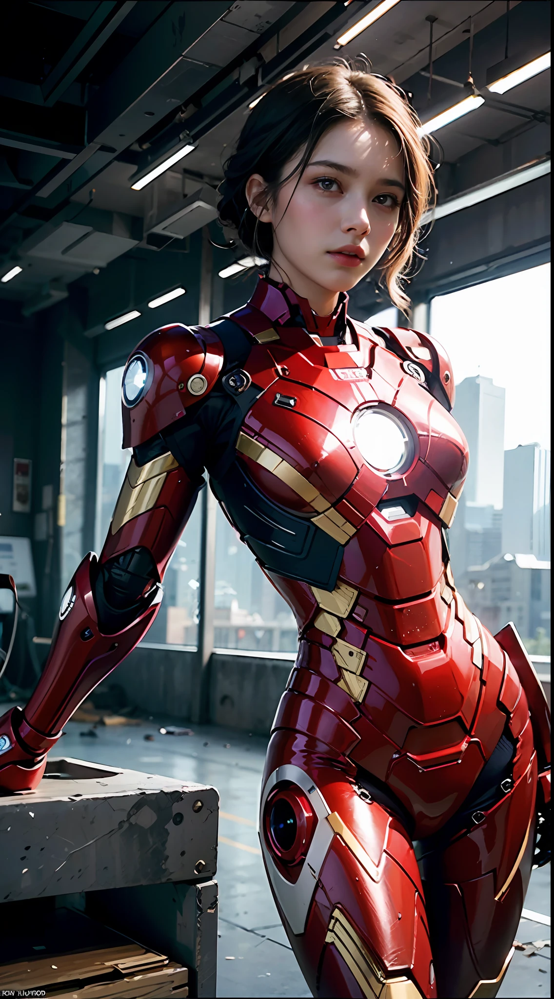 (1girl:1.3), solo,__body-parts__, official art, unity 8k wallpaper, ultra detailed, beautiful and aesthetic, beautiful, masterpiece, best quality, RAW, masterpiece, super fine photo,, best quality, super high Resolution, photorealistic, sunlight, full body portrait, stunningly beautiful,, dynamic pose, delicate face, vibrant eyes, (side view), she is wearing a futuristic Iron Man mech, red and gold, Highly detailed abandoned warehouse background, detailed face, detailed complex busy background, messy, gorgeous, milky, high detailed skin, realistic skin details, visible pores, sharp focus, volumetric fog, 8k uhd, dslr camera, High quality, film grain, fair skin, photorealism, lomography, sprawling metropolis in a futuristic dystopia, view from below, translucent