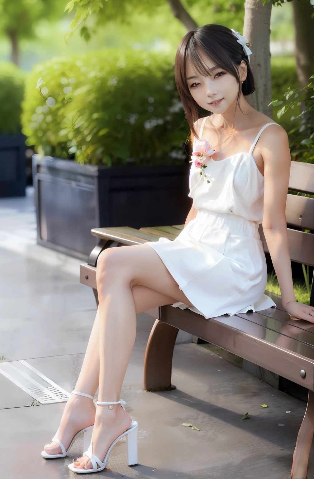 Woman in white dress sitting on a bench in front of bushes, wearing white clothes, wearing white skirt, dressed in a beautiful white, very beautiful slim legs, white skirt and barechest, wearing a wet white short dress, Dressed in white, Beautiful slim legs, gorgeous chinese models, Beautiful legs, cute elegant pose, wearing a cute white dress,Real human skin,high-heels,realskin,sandals