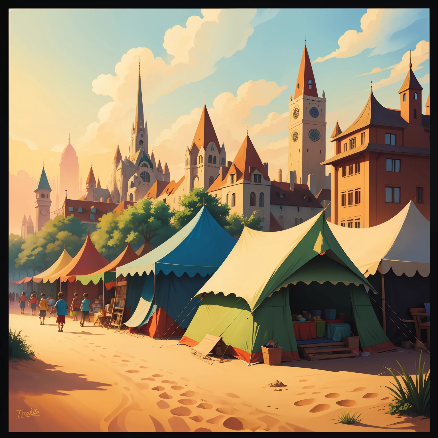 Picture painted with gouache, style similar to a vector image, which depicts the city that the children built, Tent market, treehousesand other