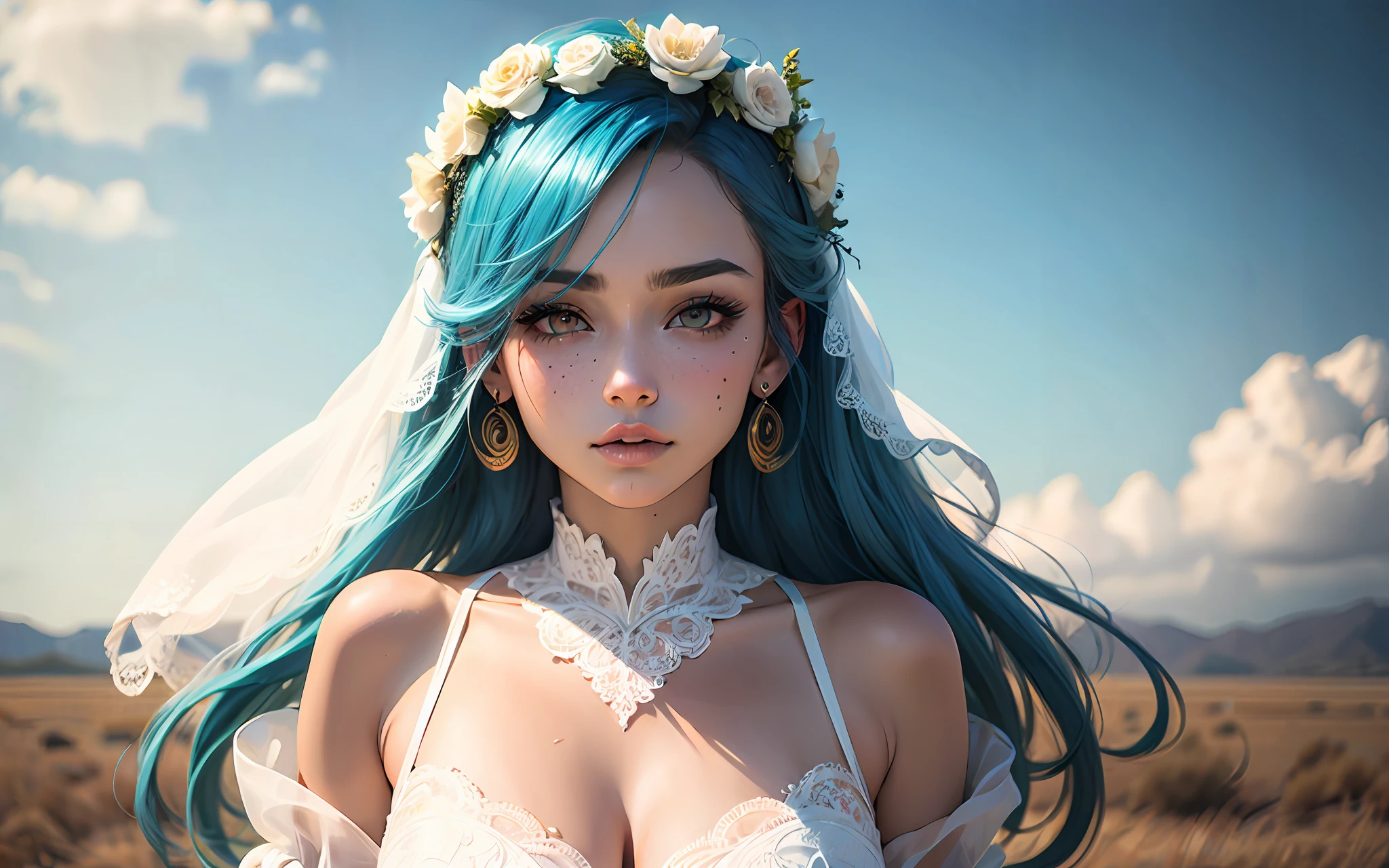 1female，Blue hair, hair over shoulders, Hair moist widow peak, wedding gown, covering eyes, white hair ribbon, head wreath, Moles under eyes, Gradient eyes, aqua eyes！！！！, wide-eyed, long eyelasher, Earrings, Pout, Sony FE GM, surrealism, first person perspective, A high resolution，Wedding scenes，Blue sky scene，Empty steppe scene