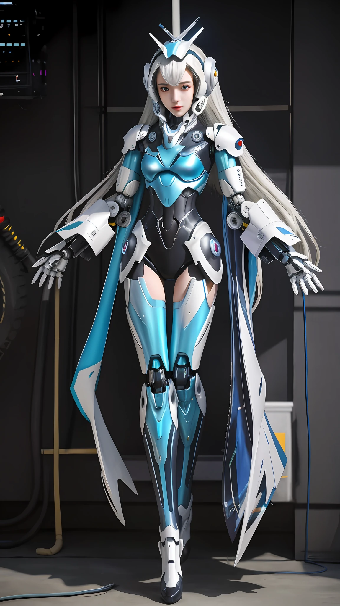 Style woman in futuristic suit standing in room, girl in mecha cyber armor, cyberpunk anime girl mech, anime robotic mixed with organic, echo from overwatch, Mecha suit, ferra white mecha, female mecha, Digital cyberpunk anime art, cool mecha style, anime mecha aesthetic, Wear cyber armor, in white futuristic armor