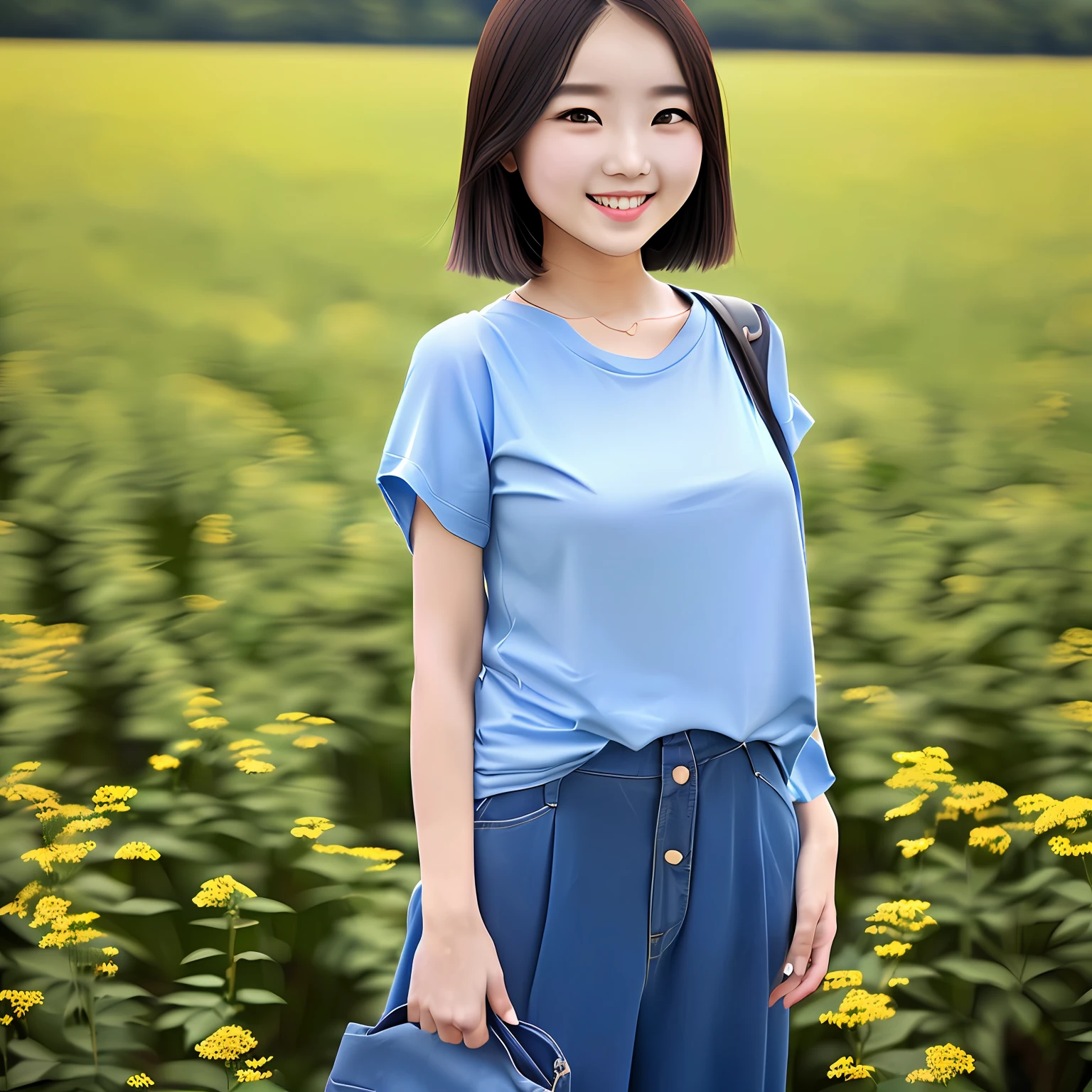 One wears a blue T-shirt and denim wide-leg pants,Girl carrying a shoulder bag standing in the field smiling,flatchest,long leges,blue-sky,baiyun --auto