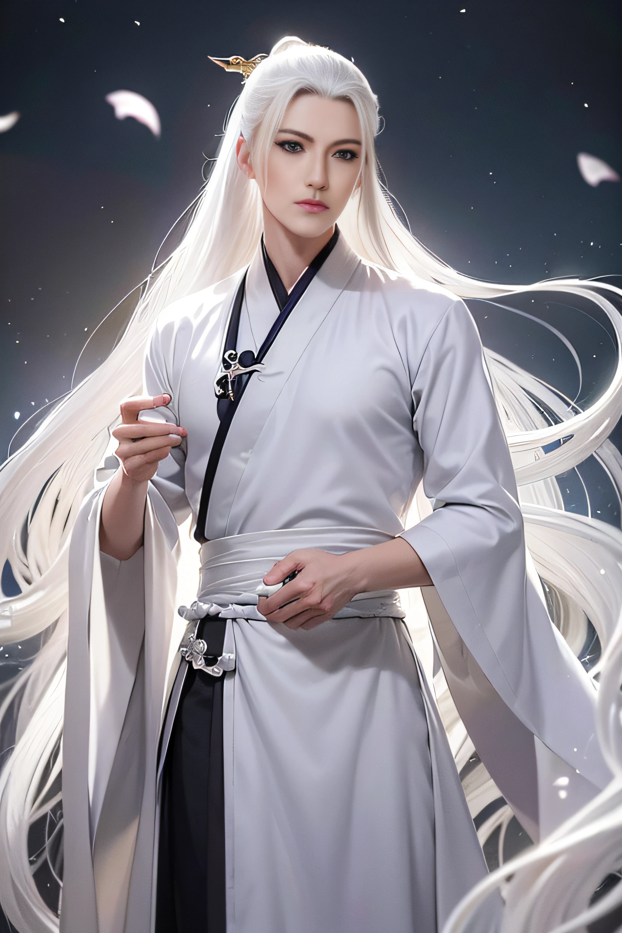 A handsome man bathing in the moonlight, he has strong chest muscles, women will fall in love with him when they see him, high-definition pictures, amazing quality, 8k high-definition, beautiful eyes, high nose bridge, pointed chin, Wearing Hanfu, Hanfu is made of white gauze, exuding a beautiful light,The man has long hair, his hairline is low and his hair is silver white,He has long hair like martial arts novels,Outdoor scene with sakura trees around and petals falling down,The man has silver-white bangs and long silver-white hair that grows to his waist,He is dressed in silk, a white slightly sheer Chinese robe,His normal body is in the hot spring, night,There are many fireflies flying around, the environment is beautiful and beautiful,his hair is very long,Chinese style, Chinese ancient style, Hanfu,The man has very long hair, silver and white hair, wearing a beautiful Chinese hairpin,Changing his original hairstyle and extending the bangs of this man, let him have the long hair of ancient Chinese people, he has silver-white long hair,He holds a silver Chinese sword in his hand, the Chinese sword is very gorgeous, the sword is shining, he has silver-white eyebrows, he has long eyelashes, he has beautiful eyes, he has slender fingers,He is so handsome that women fall in love with him instantly,Lowering his hairline, sideburns elongated into silver hair,Showing off his toned pecs, perfect body,His body exudes a beautiful light,Loose long hair, long silver-white hair, long hair scattered on the shoulders, long hair scattered to the waist,He's in the hot spring, he's getting wet, he's sitting in the hot spring,turned his black eyebrows to silvery white,night scene,extend all his hair,His hair has a Chinese-style hairpin made of milky white jade,His silver-white hair is very long, and his hair is very flowing, and his hair is flying in the air,The material of the clothes is sheer tulle,His clothes are made of silk, very thin robes,Ancient Chinese Hanfu, beautiful Han