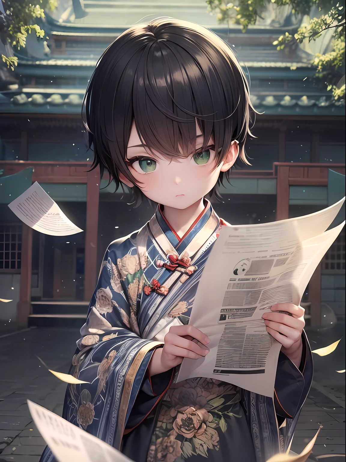 a boy, cute, hold a paper, wearing chinese clothes, black short hair, green background, black hair, masterpiece, ccurate, anatomically correct, best quality, high details, highres, HD