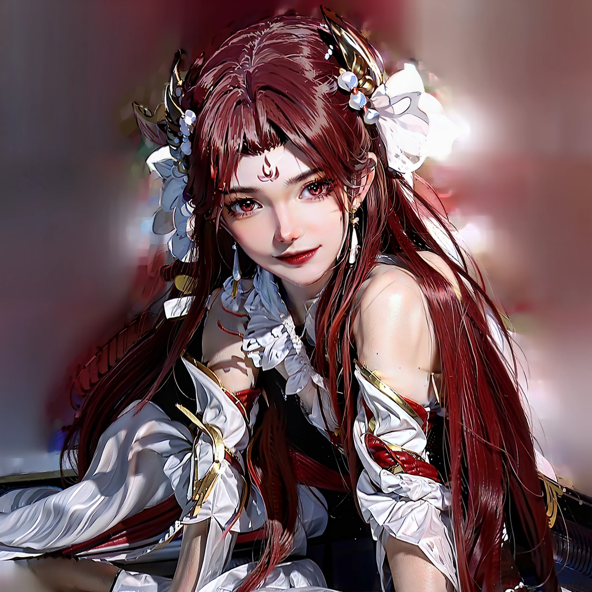 Beautiful girl，Delicate skin，Sexy and pure，Half-naked temptation，Bigchest，Half-exposed pubic hair，Long leg black silk mini skirt，Stand on a flower bed on the side of the road in the park，There are butterflies and peach blossom green leaves，There is a moon behind the night，8K high-definition，Realism，Long red hair with bare shoulders