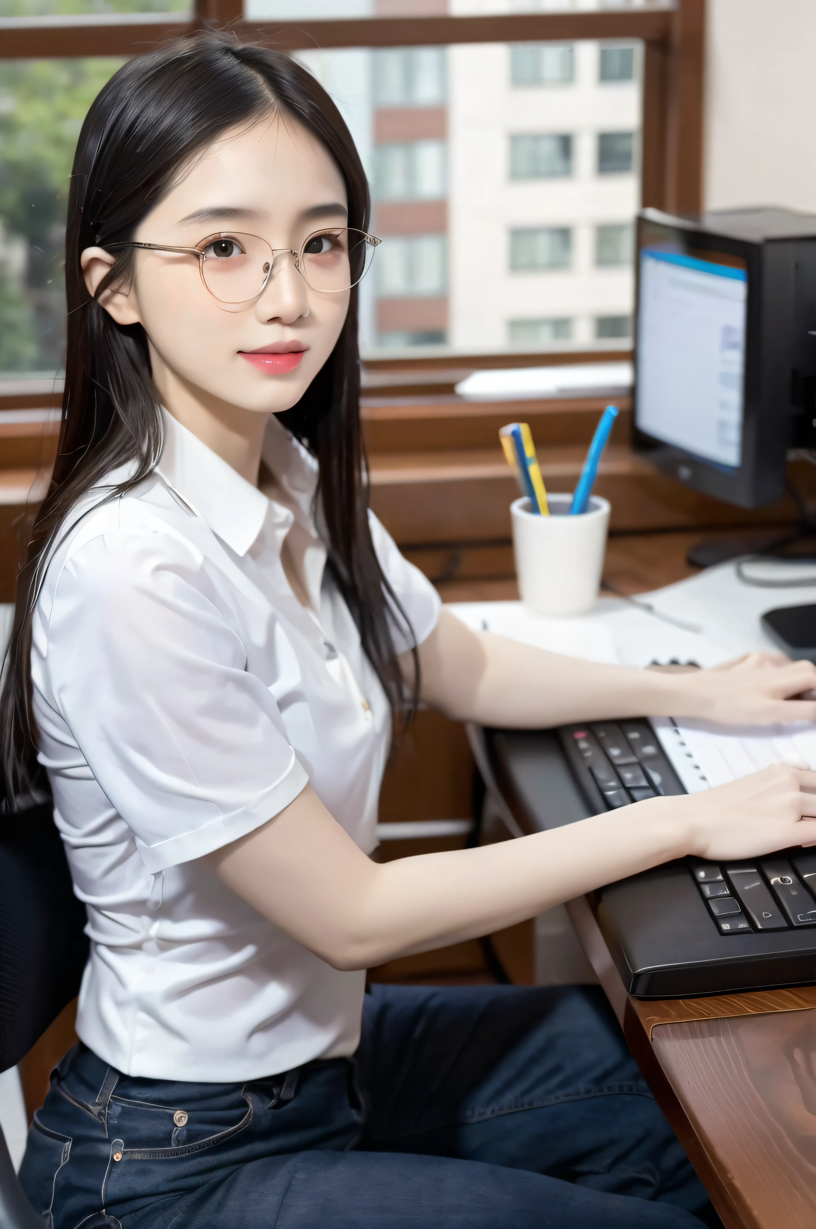 Masterpiece, Best quality, offcial art, 8K wallpaper, Very detailed, illustration, 1 girl, Black hair, Long hair, Detailed eyes, 城市, White T-shirt, Jeans, Pure, Look at the computer with a smile, desk, Computer, Stare to the right, keyboard, Head resting on the chair, Natural head, Office，Complete ears，Unobstructed ears，Urban office environment。Off-white environment，Minimalist environment，Look at the computer，Look at the computer，Looking at the PC，sideface