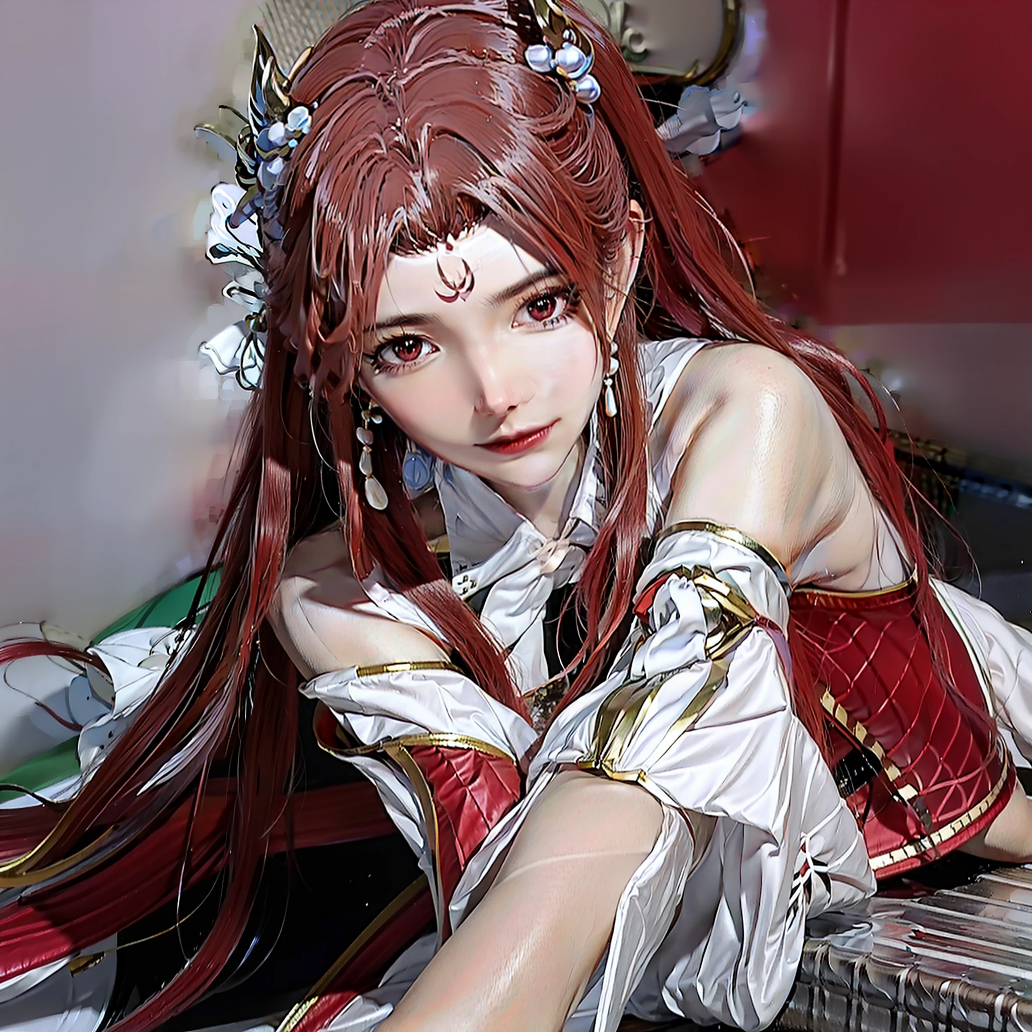 Beautiful girl,Delicate skin,Sexy and pure,Half-naked temptation,Bigchest,Half-exposed pubic hair,Long leg black silk mini skirt,Stand on a flower bed on the side of the road in the park,There are butterflies and peach blossom green leaves,There is a moon behind the night,8K high-definition,Realism,Long red hair with bare shoulders