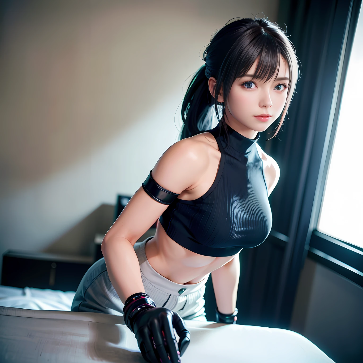 (8k, RAW photo, best quality, mastery:1.2), (realistic, photo-realistic:1.37),1 girl,cute,blue eyes, (solo),Detailed ponytail,dramatic angles,office room,looking at viewert,pov ,cyber punk perssonage,emphasis lighting。