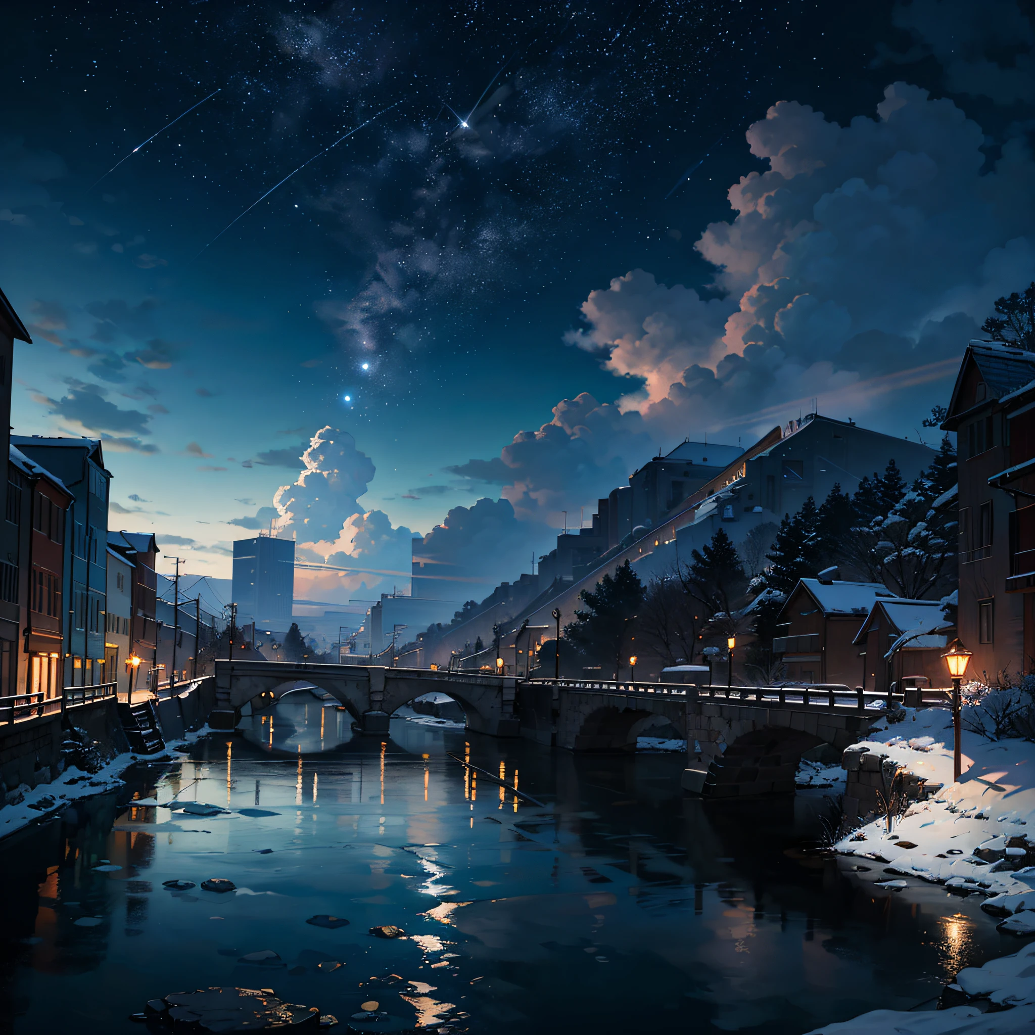 A painting of a river with stars and moon in the sky，The concept art was inspired by Tosa Mitsuoki，Pixiv competition winner，best qualtiy，Fantasyart，beautiful anime scenes，A bright moon，Starry sky environment in moonlight，Dream painting，Anime background art，dream scenery art，Fantastic night, anime backgrounds, background artwork, dreamlike art, Atmospheric anime, starrysky，Detail Enhancement，16k --auto