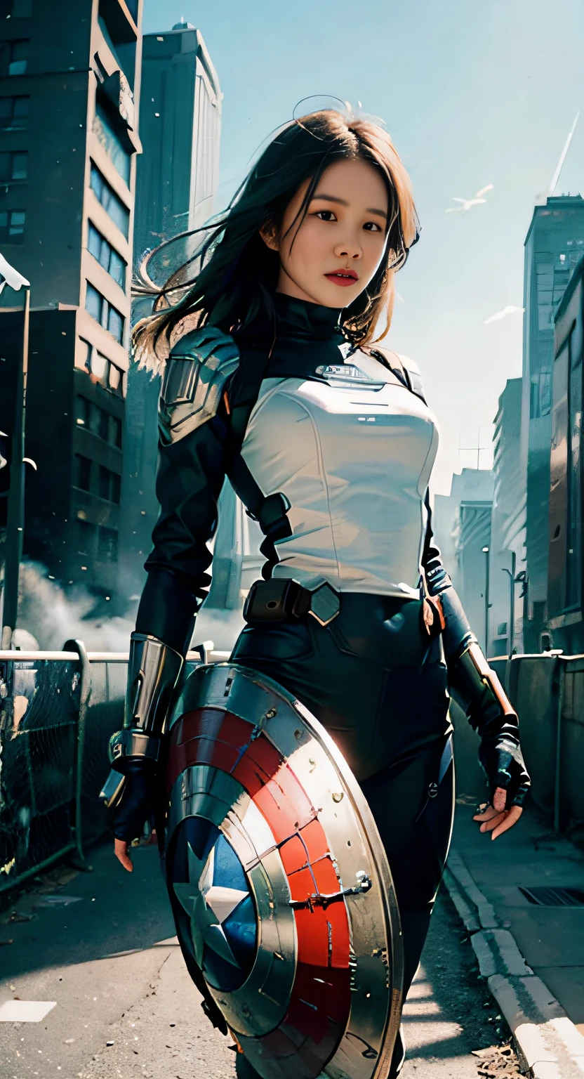 (1girl:1.3), solo, __body-parts__, official art, unified 8k wallpaper, super detailed, beautiful and aesthetic, beautiful, masterpiece, best quality, raw, masterpiece, super fine photo, best quality, super high resolution, photorealistic realism, sunlight, full-body portrait, amazing beauty, dynamic pose, delicate face, vibrant eyes, (from the front), she wears a futuristic Captain America jersey, blue color scheme, (holding a shield), A capital A on chest, very detailed abandoned warehouse background, detailed face, detailed complex busy background, messy, gorgeous, milky white, highly detailed skin, realistic skin details, visible pores, sharp focus, volumetric fog, 8k uhd, DSLR camera, high quality, film grain, fair skin, photo realism, lomography, huge metropolis in future dystopia, seen from below, translucent