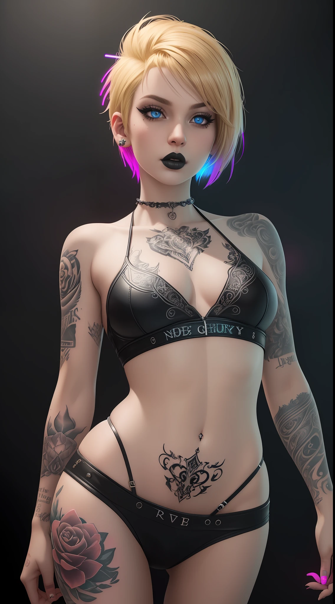 A highly detailed picture of a beautifully tattooed woman, (((the word Naughty tattooed on lower midriff, in calligraphy font, the word naughty, the english word naughty written in english on mons))), (((the word Naughty tattooed on midriff in reflective in, glowing in blacklight))), posing seductively, looking down at viewer, showing off naughty tattoo on modriff, short blonde hair, shaved sides, pixie cut, petite, small chest, black eyeliner, black lipstick, piercing blue eyes, detailed eyes, ultra detailed, tattoos, (punk outfit, loose skimpy clothing, revealing), ((detailed background, blacklight rave)), photorealistic, colorful, viewed from front, low angle view, digital art, highly detailed, fine detail, intricate, ornate, complex, octane render, unreal engine, photorealistic, 8k, 16k,