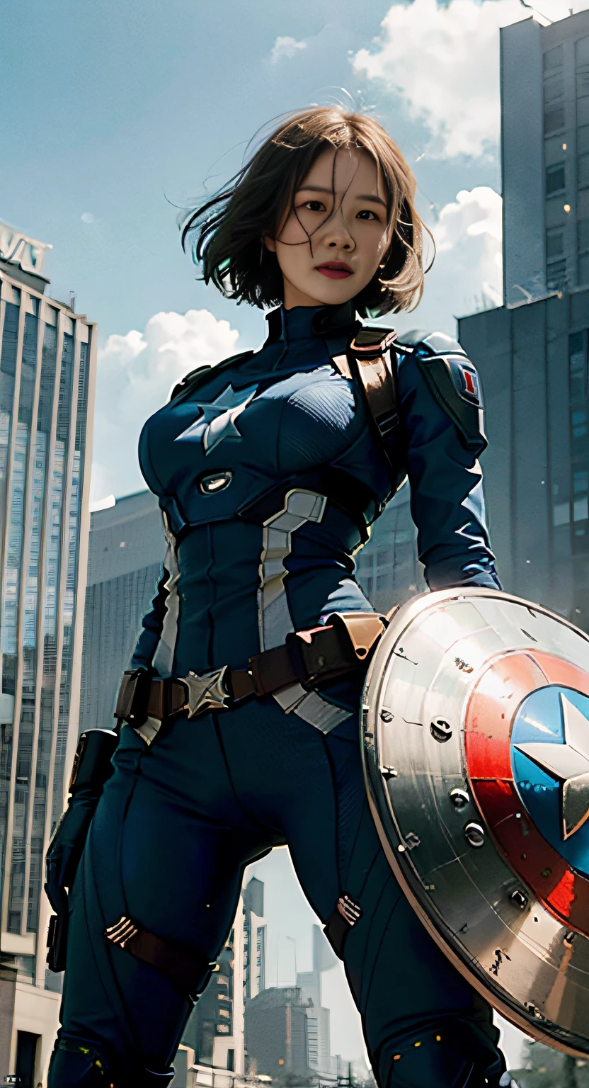 (1girl:1.3), solo, __body-parts__, official art, unified 8k wallpaper, super detailed, beautiful and aesthetic, beautiful, masterpiece, best quality, raw, masterpiece, super fine photo, best quality, super high resolution, photorealistic realism, sunlight, full-body portrait, amazing beauty, dynamic pose, delicate face, vibrant eyes, (from the front), she wears a futuristic Captain America jersey, blue color scheme, (holding a shield), A capital A on chest, very detailed abandoned warehouse background, detailed face, detailed complex busy background, messy, gorgeous, milky white, highly detailed skin, realistic skin details, visible pores, sharp focus, volumetric fog, 8k uhd, DSLR camera, high quality, film grain, fair skin, photo realism, lomography, huge metropolis in future dystopia, seen from below, translucent