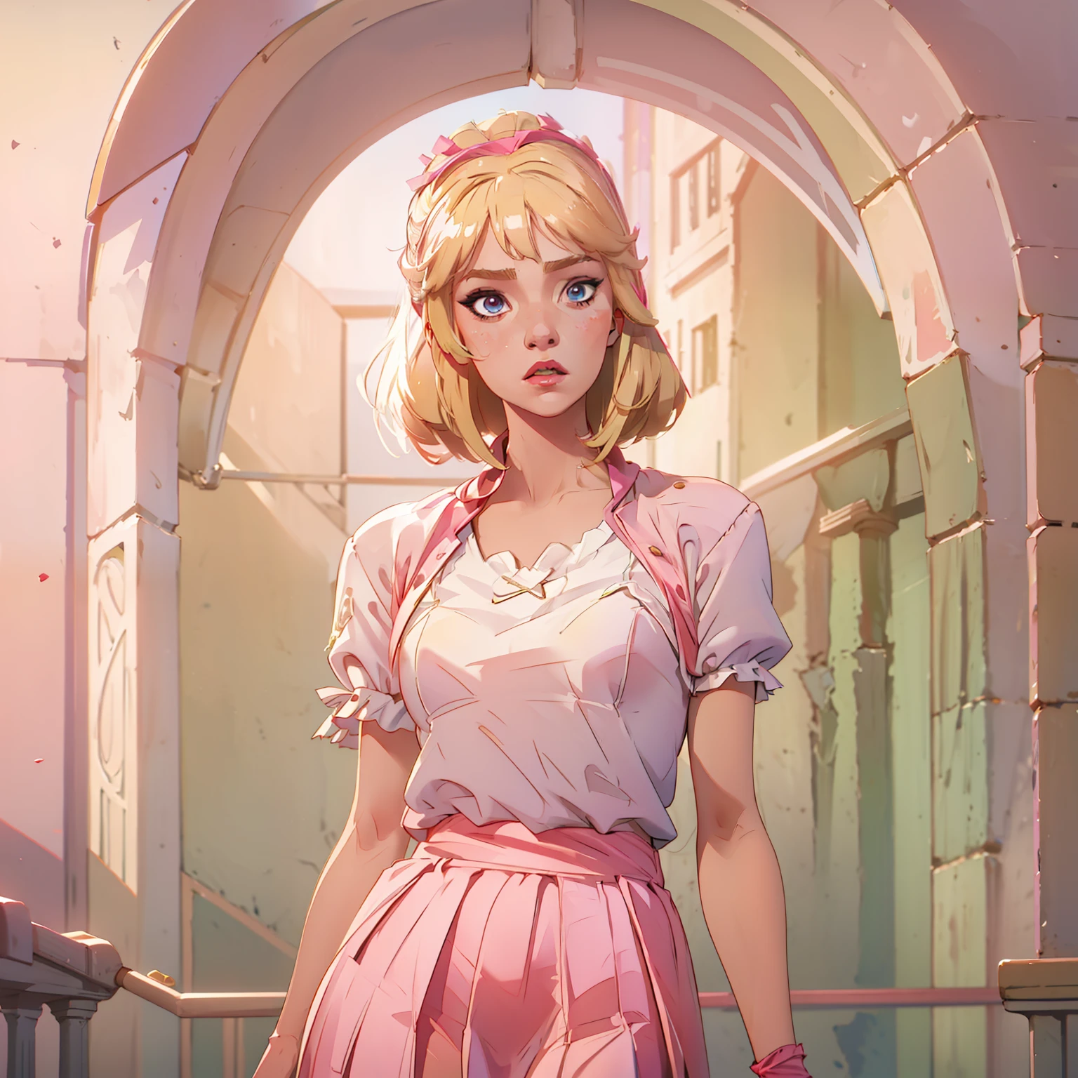 a girl with a blonde wig and pale makeup stands in the center, solo, 1girl, pink skirt, skirt, realistic, hairband