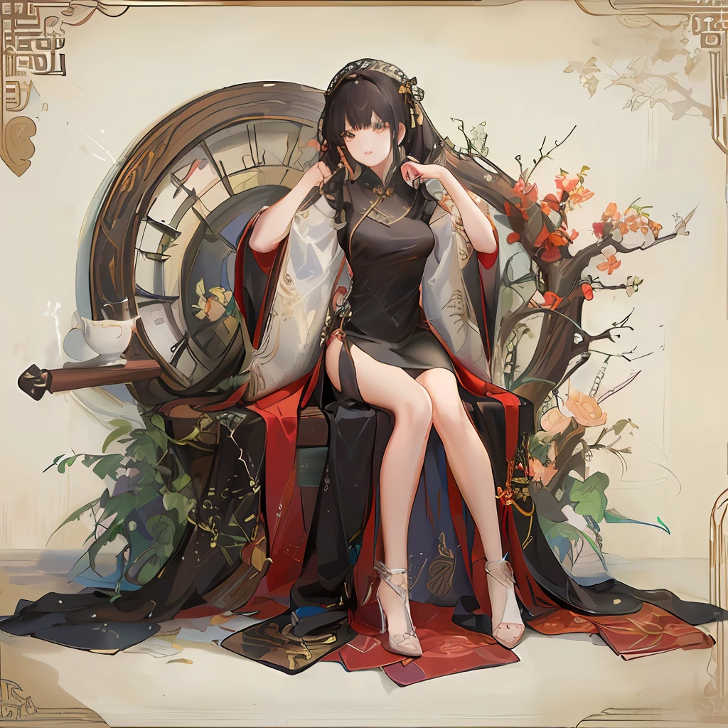 One is wearing a cheongsam,high-heels,Black silk girl,Height 1m189