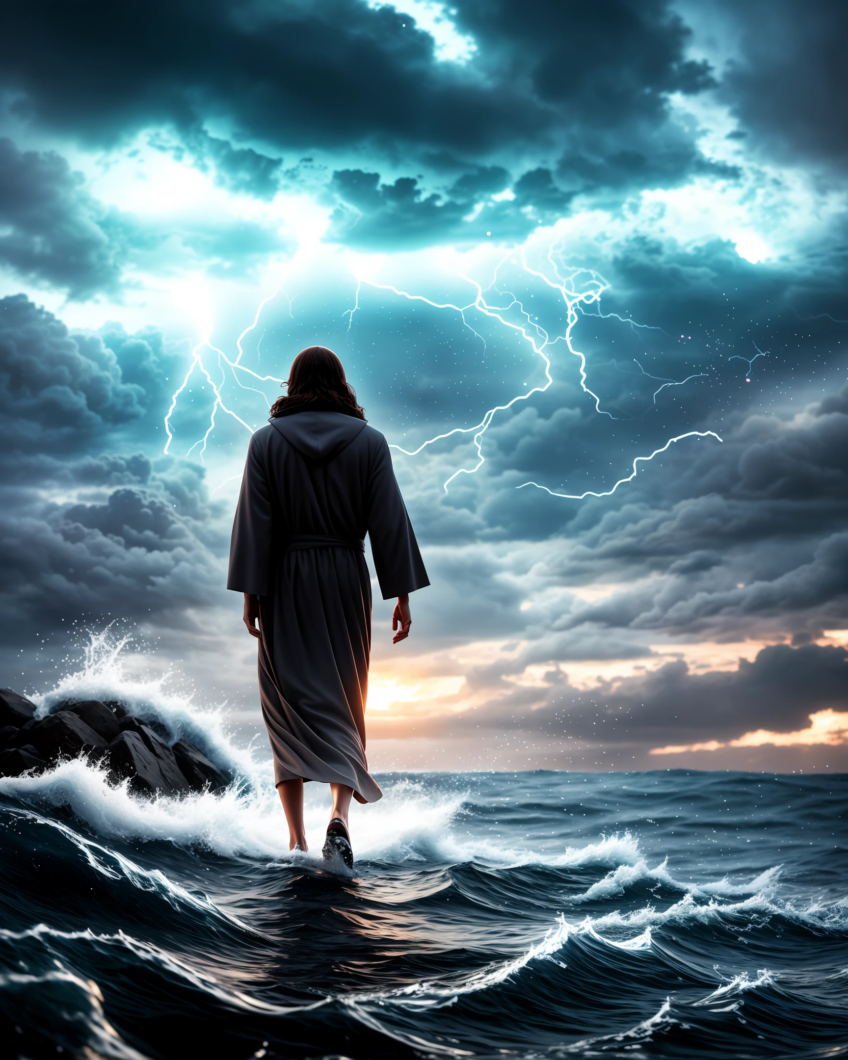 jesus walking on water in a storm, masterpiece, best quality, high quality, extremely detailed CG unit 8k wallpaper, award winning photography, Bokeh, Depth of Field, HDR, bloom, Chromatic aberration, photorealistic, extremely detailed, trending on artstation, trending on CGsociety, intricate, high detail, dramatic, mid-journey art, volumetric lighting