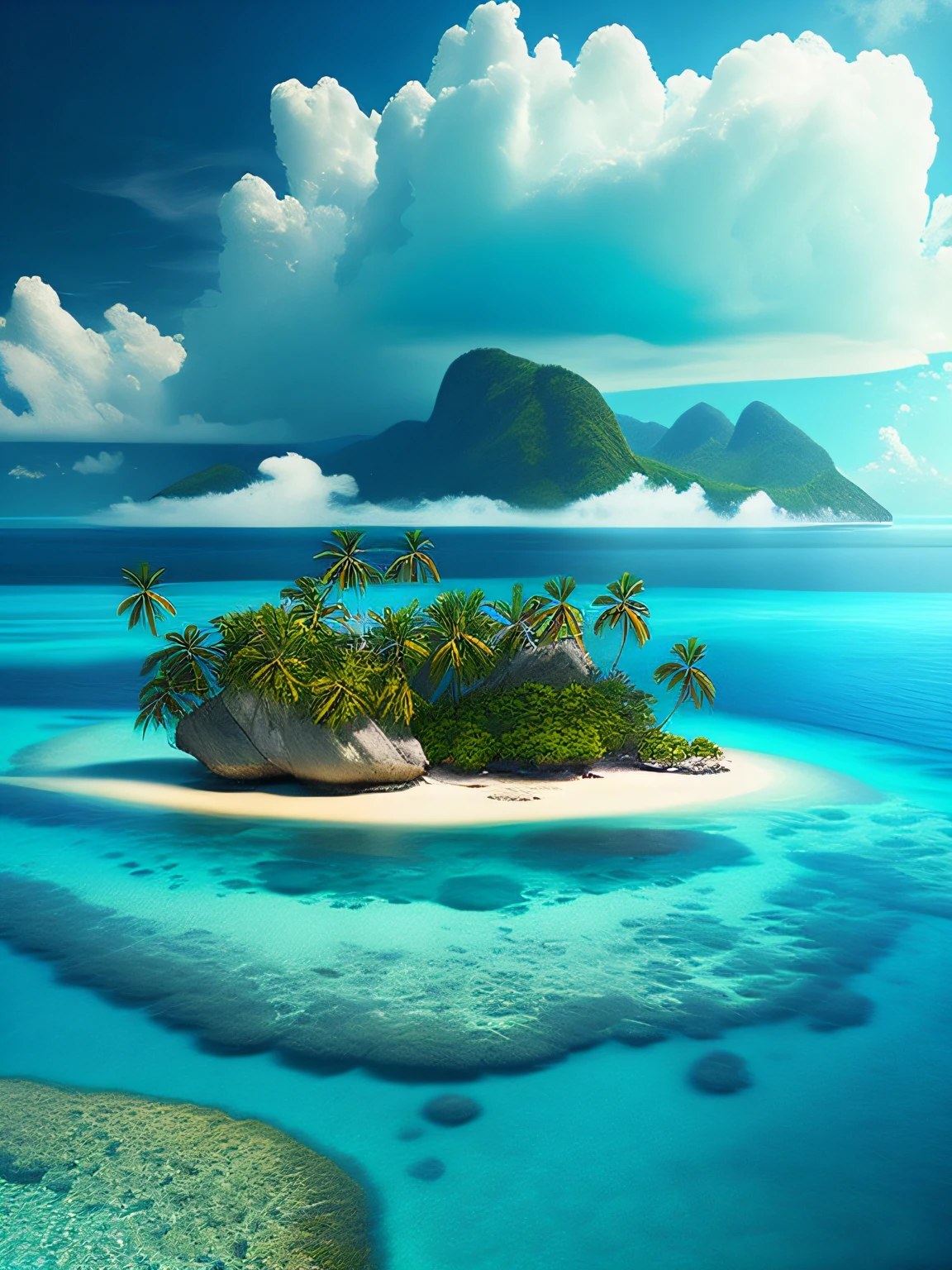 arafed island with palm trees and a sandy beach, tropical island, epic matte painting of an island, island in a blue sea, an island floating in the air, an island, island landscape, island floating in the sky, island background, monsoon on tropical island, island in the background, floating island, tropical location, island, island with cave, many islands, no humans, tree, cloud, sky, outdoors, scenery, day, palm tree, ocean, water, beach, blue sky, horizon, cloudy sky, nature, sand