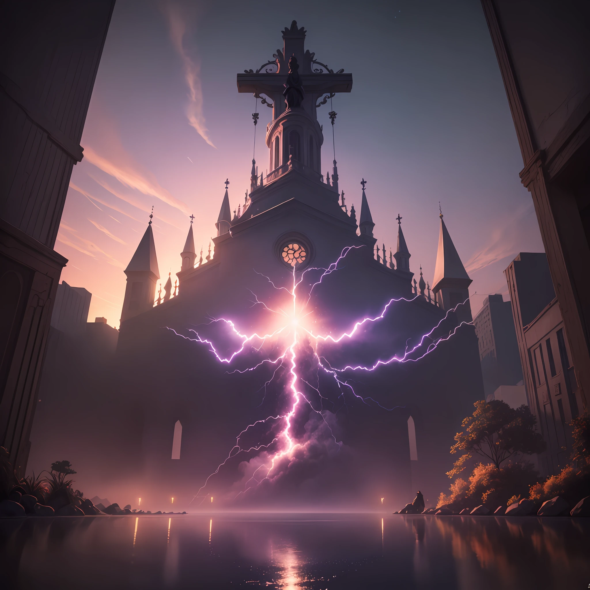 neo-classical, conceptual art, Gothic art, Ray tracing, Sparkle, Ultra-wide angle, kanon, f/4.0, hyper HD, 巨作, Best quality, A high resolution, Award-Awarded, 16k，Alchemy，steampunc，Pause the Bible，the bats，Hang the cross，dreamy sky，Pinkish-purple clouds，
