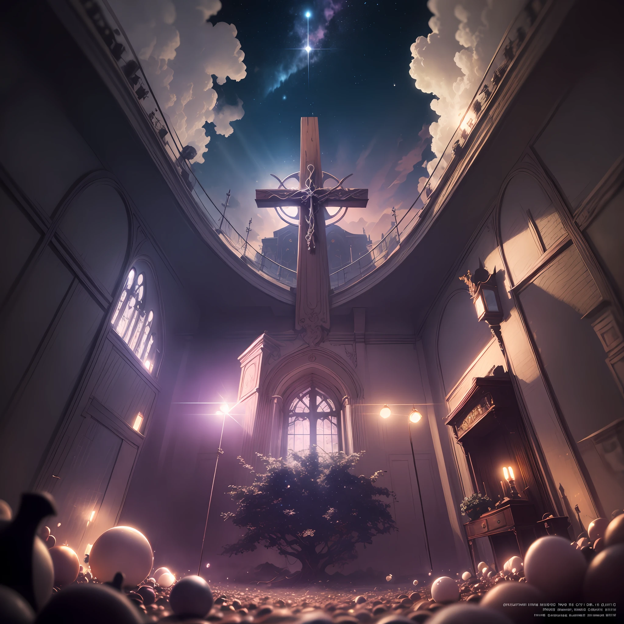 neo-classical, conceptual art, Gothic art, Ray tracing, Sparkle, Ultra-wide angle, kanon, f/4.0, hyper HD, 巨作, Best quality, A high resolution, Award-Awarded, 16k,Alchemy,steampunc,Pause the Bible,the bats,Hang the cross,dreamy sky,Pinkish-purple clouds,