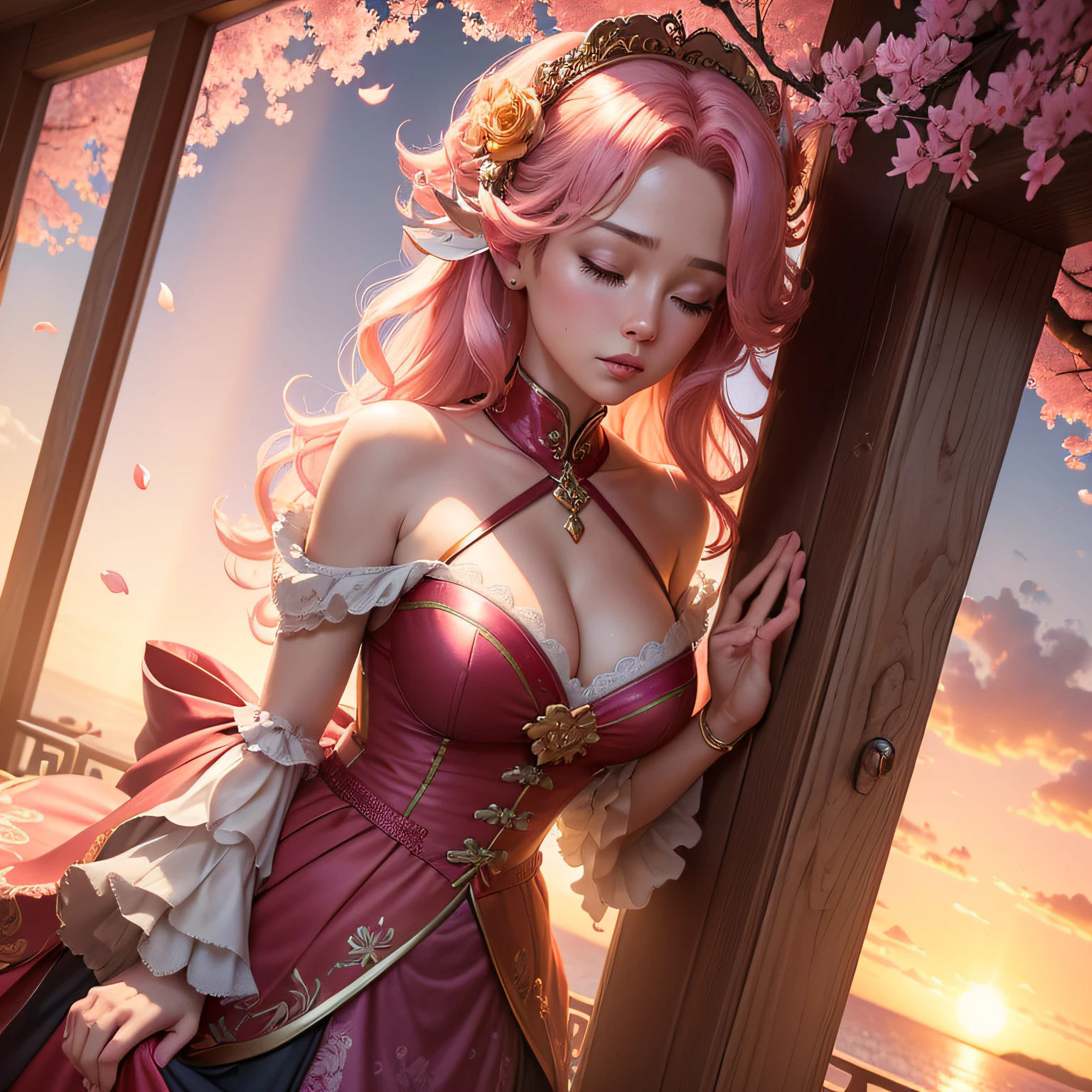 (Sunset background)infinite room,(Chinese Wind Fairy Peach Tree),Pink leaves,(Turtle Master)Pray under the peach tree with your eyes closed,Similar to floating,God Ray,rim-light,softlighting,3D animated movie style, SENSE OF CINEMA,max detail,lisses,The is very detailed,delicated,Excellent composition,Dynamic cinematic lighting,movie atmosphere,Photoshop,clean backdrop,8K,The 3D rendering is very detailed,ultra-realistic realism,(Fidelity,Fidelity:1.37),tmasterpiece,highly detailed,The is very detailed,delicated,lisses,dramatic lighting,professinal,vibrant detail,unbelievable Ridiculous,A high resolution,rendering by octane,Highly coordinated colors, ,ellegance,vibrant contrast,Advanced saturation,hyperdetailed colourful,vibrant contrast,The light is perfect,Best quality at best,The finest details,Very detailed and detailed rendering and quality,A high resolution,Amazing Cleavage,hyper HD,