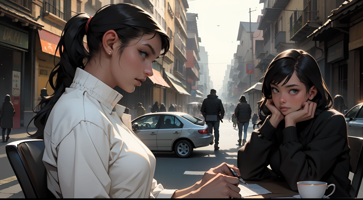 man looking at women talking, realist --auto