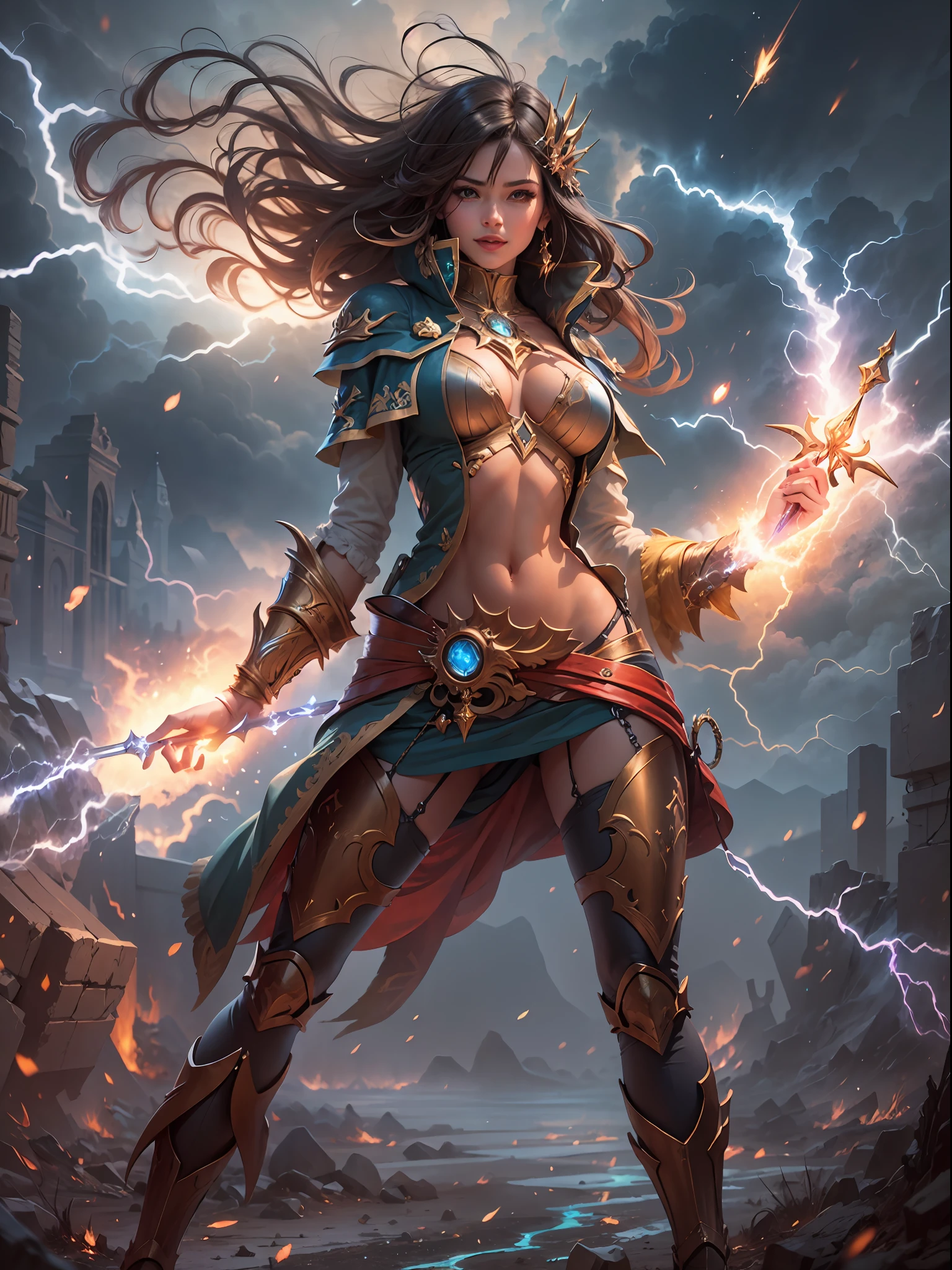 full body image of a beautiful sorceress casting a lightning bolt spell, she is standing on a burning ground, fantasy background, various of lightning spark dazzling around her, fierce aura, countless of electric line run along her body, lightning armor, detailed revealing sorceress clothes, thunder in the background, BREAK detailed face, detailed shiny eyes, tall body, seductive body, mature body, full body, random pose of casting spell, medium breast, smile, the around her is bursting with otherworldly power, BREAK best quality, masterpiece, trending deviant art, official art, 4k wall paper, fantasy, focused, perfect composition, cool color,