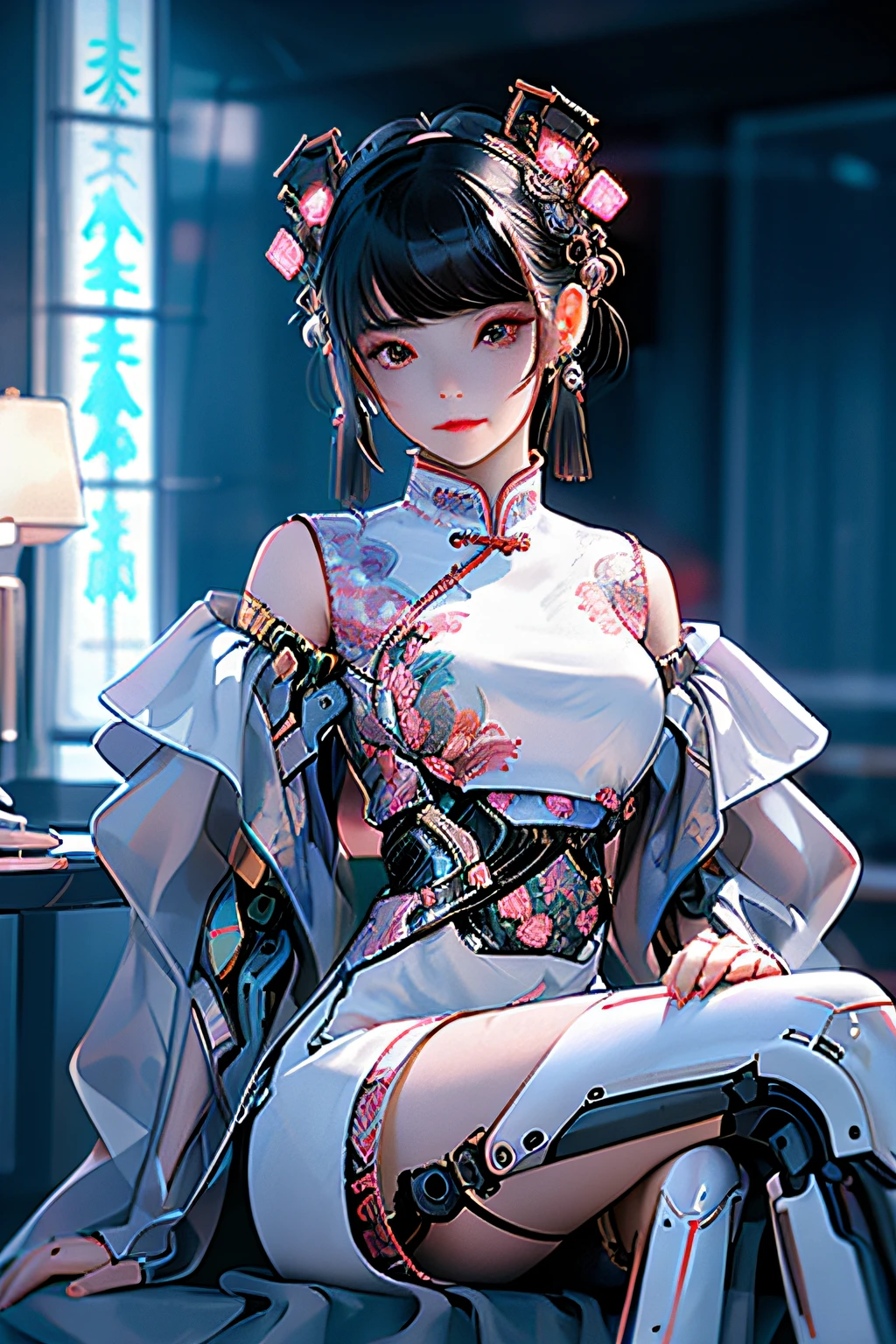 1 girl, chinese_clothes, sitting, in white and pink,cyberhanfu, Cheongsam, cyberpunk city, dynamic pose, Headdress, hair ornament, long hair, cyberpunk, a high-tech city, full of machinery and futuristic element, futurism, technology