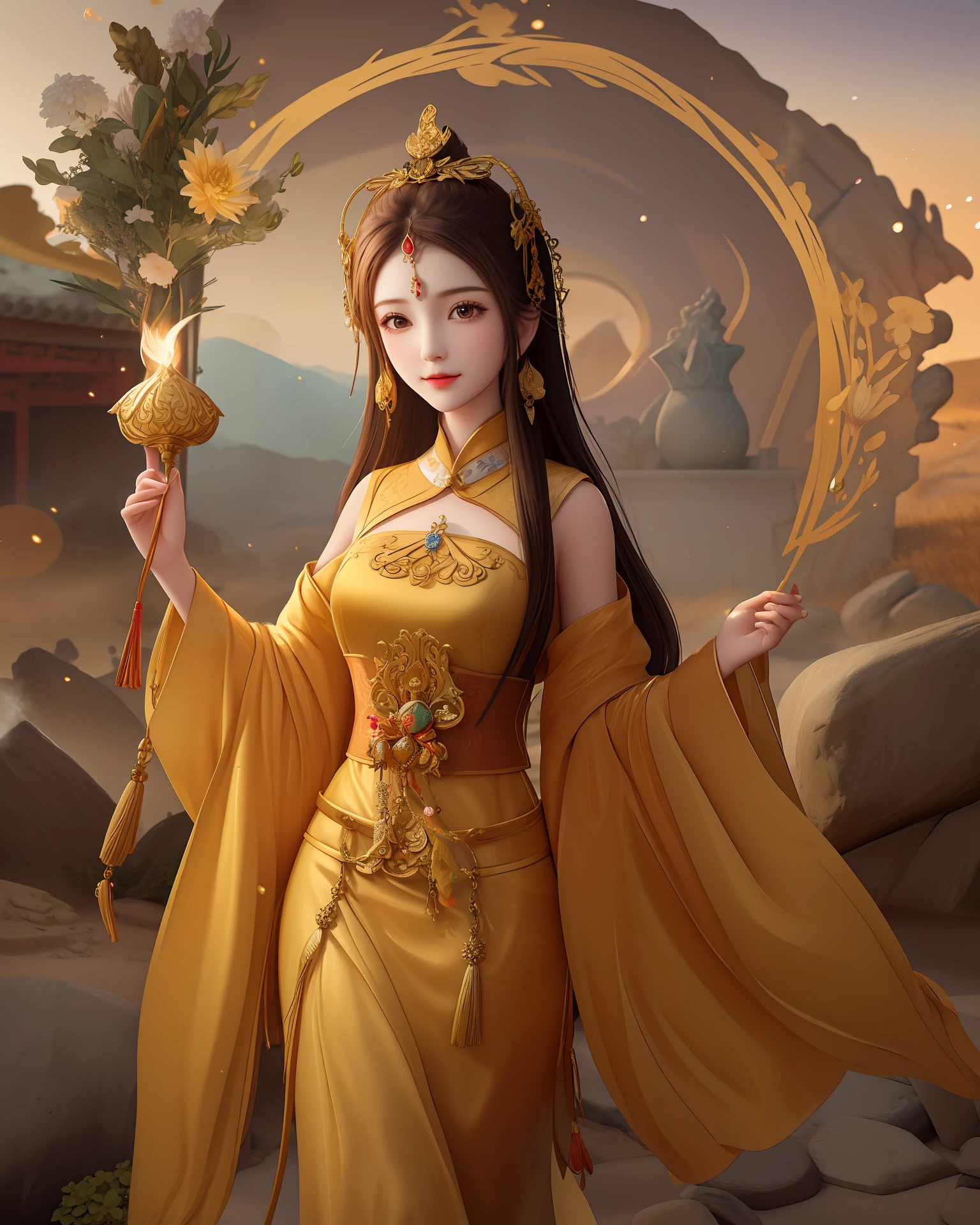 Wild sand fire search，Camel bells ringing，She came from the stone wall，Holding the golden lotus in hand to guide the four visitors，Achieve a beautiful picture scroll of thousands of years in the desert。