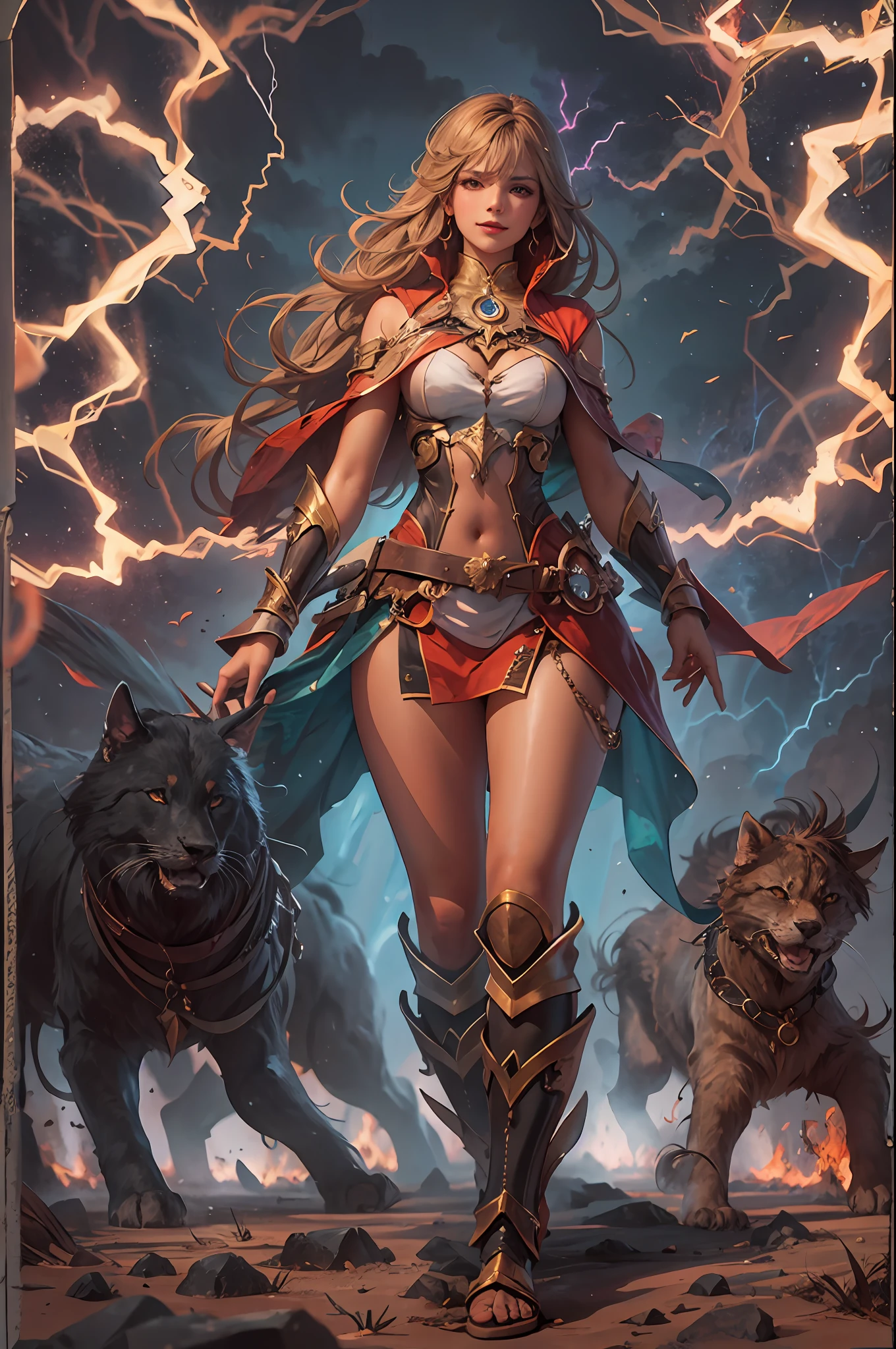 full body image of a beautiful sorceress casting a lightning bolt spell, she is standing on a burning ground, fantasy background, various of lightning spark dazzling around her, fierce aura, countless of electric line run along her body, lightning armor, detailed revealing sorceress clothes, thunder in the background, BREAK detailed face, detailed shiny eyes, tall body, seductive body, mature body, full body, random pose of casting spell, medium breast, smile, the around her is bursting with otherworldly power, BREAK best quality, masterpiece, trending deviant art, official art, 4k wall paper, fantasy, focused, perfect composition, cool color,