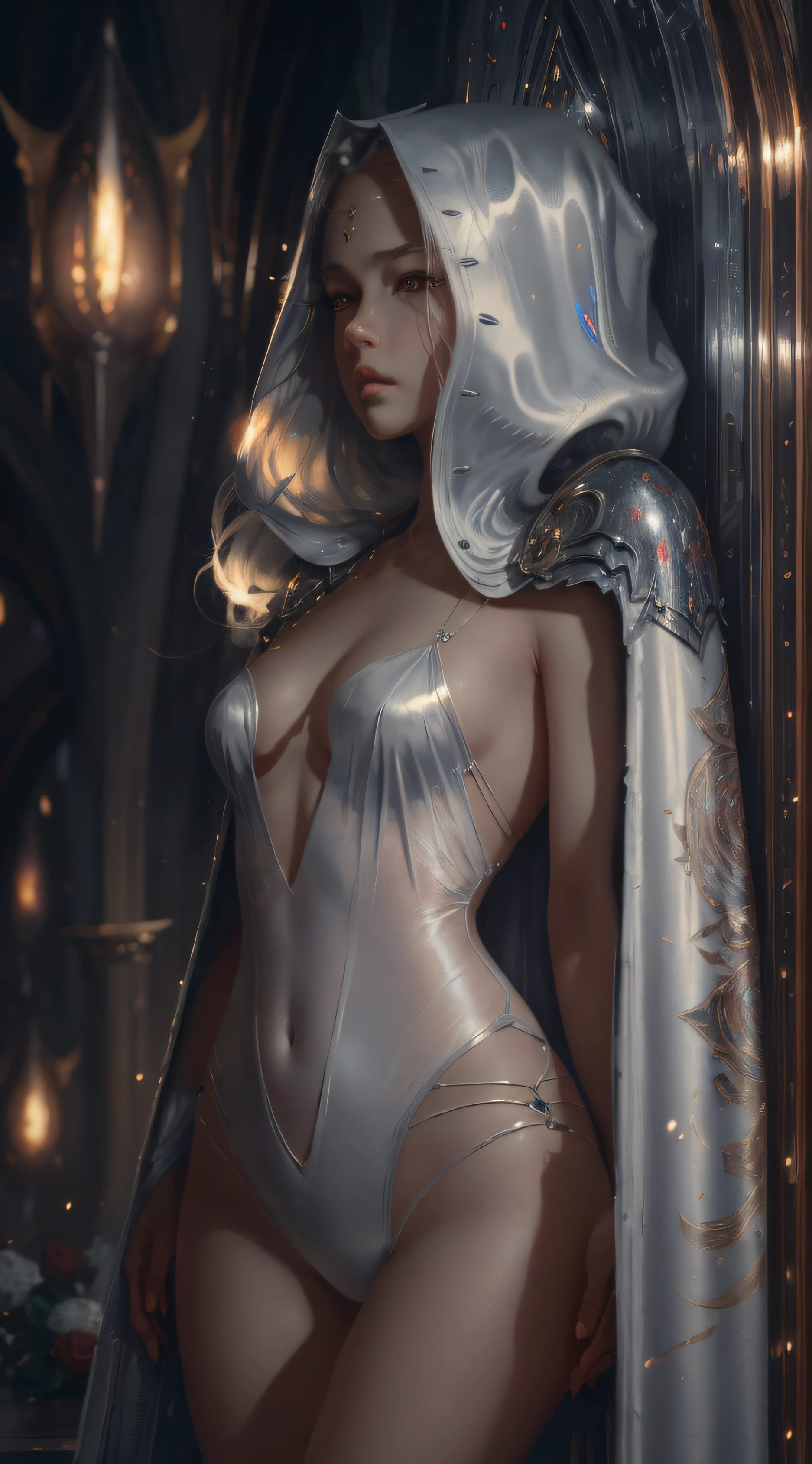 Ben Affleck,masterpiece, highest quality, (ground focus), (perfect face: 1.1), (high detail: 1.1), dramatic, (pale skin tone), long white hair, white eyes, [light eyebrows], solo , long hair, moon, night, white luxury suit, covered navel, pouty lips, covered, futuristic city, detailed background, art by artgerm and greg rutkowski, cinematic lighting, roses, fashion, BalenciagaStyle --auto