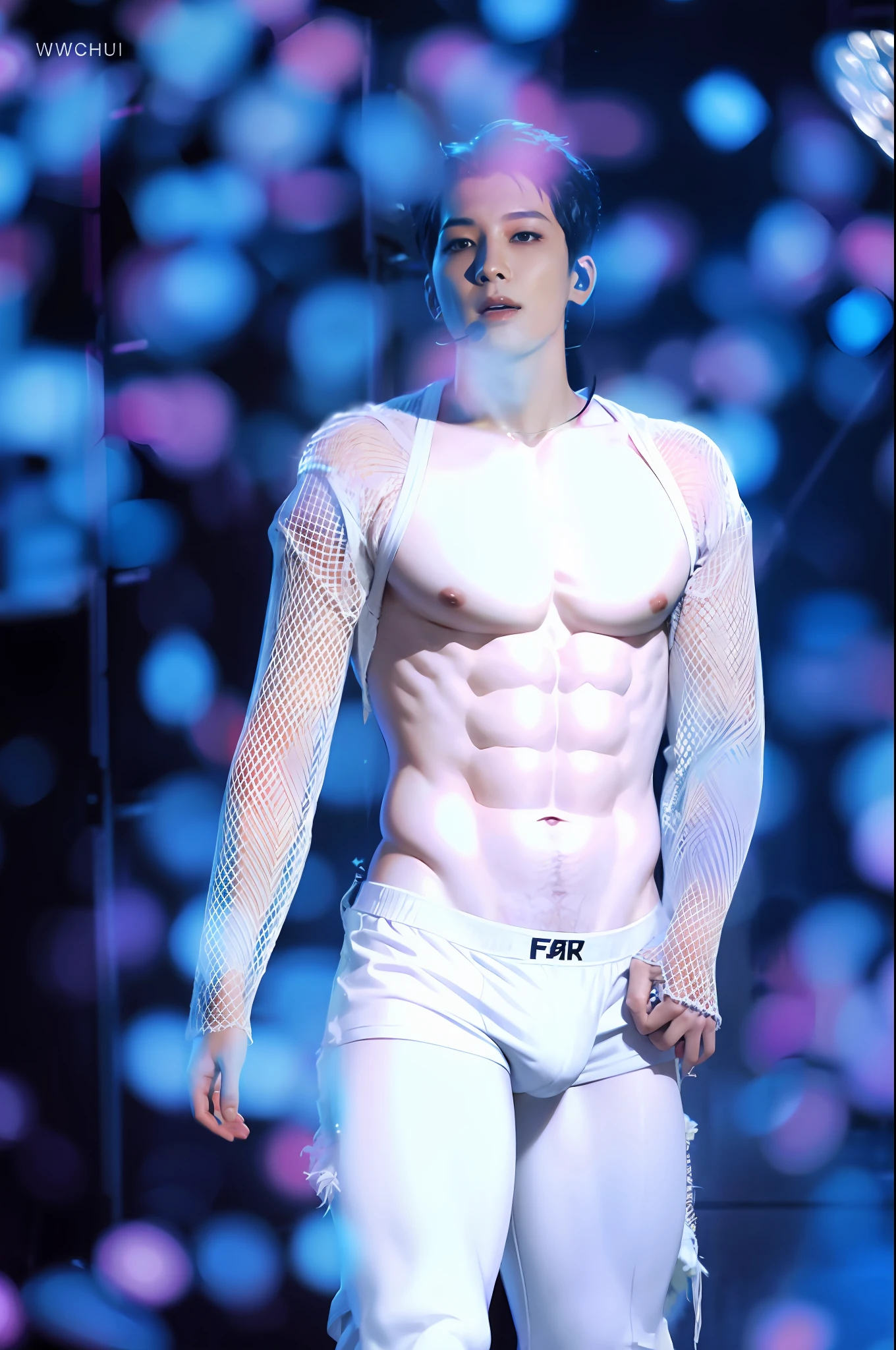 Male characters,White boxer panties,Fair upper body,Abs are distinct,Beautiful figure.