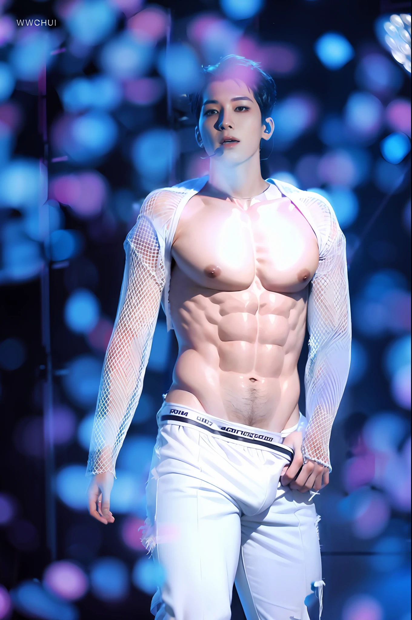 Male characters,White boxer panties,Fair upper body,Abs are distinct,Beautiful figure.