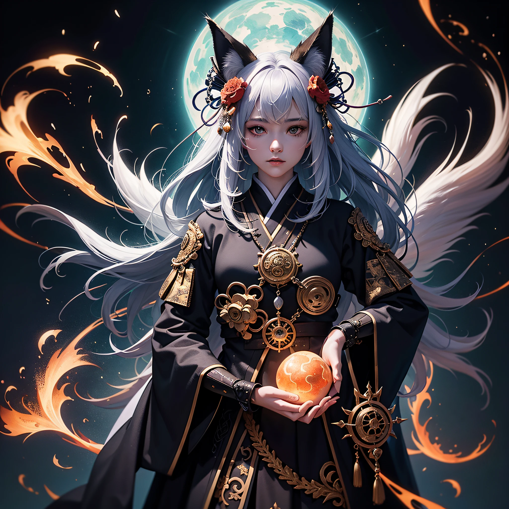 1girl, solo, official art, unity 8k wallpaper, ultra detailed, beautiful and aesthetic, masterpiece, best quality, photorealistic, (abstract background:1.5) (zentangle, mandala, tangle, entangle:0.7) Kitsune witch, fox mask, haori jacket, foxfire spell, fox familiar, transformation, depth of field, Fantastical Atmosphere, the most beautiful form of chaos, elegant, a brutalist designed dark theme, flower of death, ecstasy of flower --auto