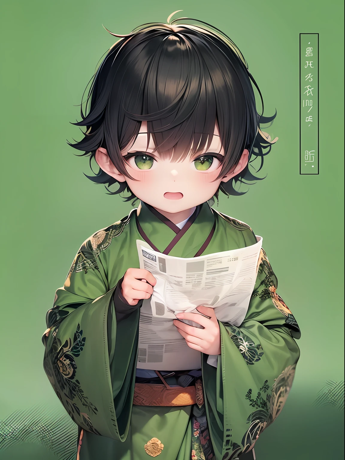 a boy, cute, hold a paper, wearing chinese clothes, black short hair, green background, black hair, masterpiece, ccurate, anatomically correct, best quality, high details, highres, HD