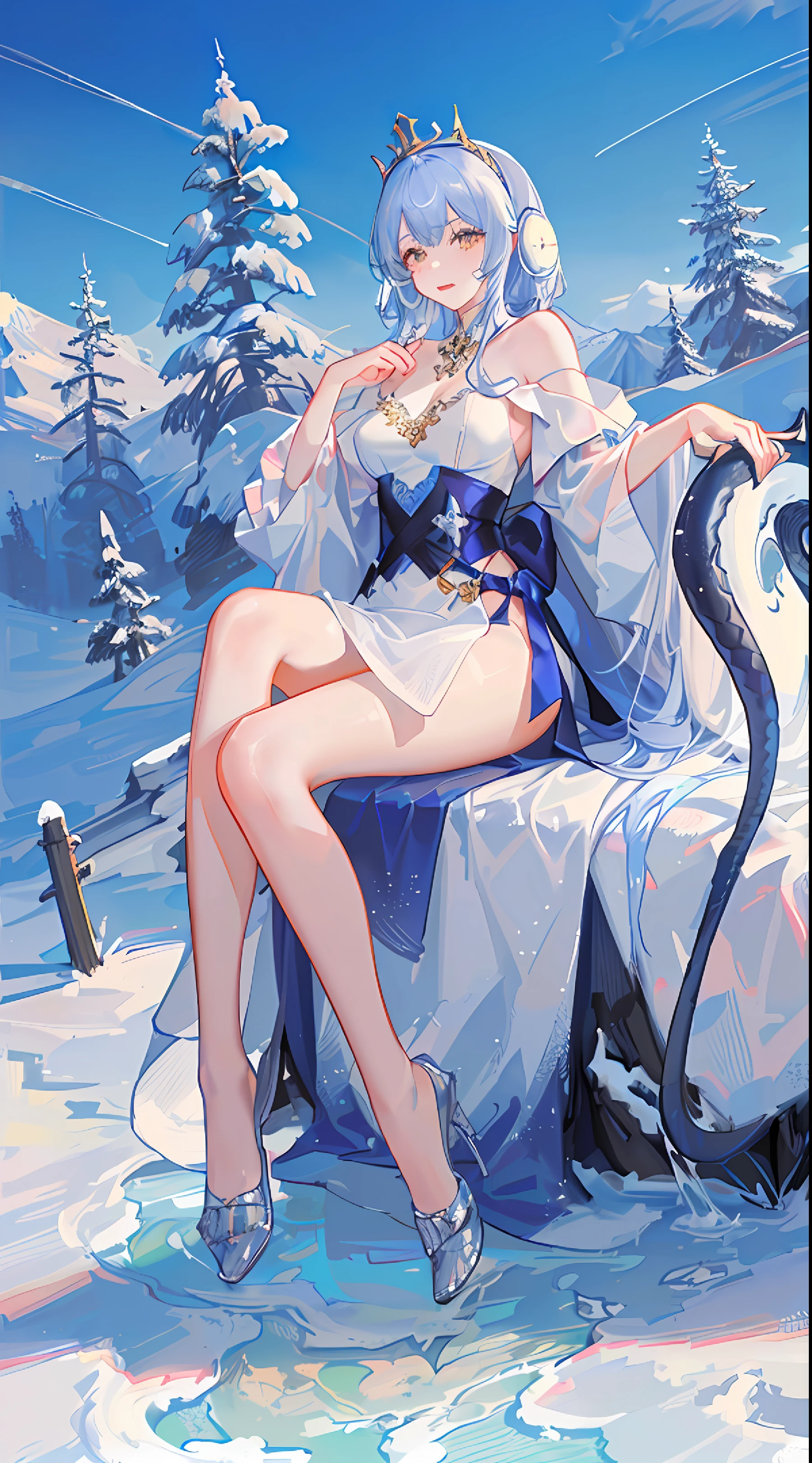 Girls Headgear White Long Dress Full Body Photo Melon Seed Face Water Snake Waist Legs Golden Ratio Tyndall Effect 4K Top of the Snow Mountain Off-the-Shoulder Jewelry Air Queen Charming HD Light and Shadow White Legs Tender Milk