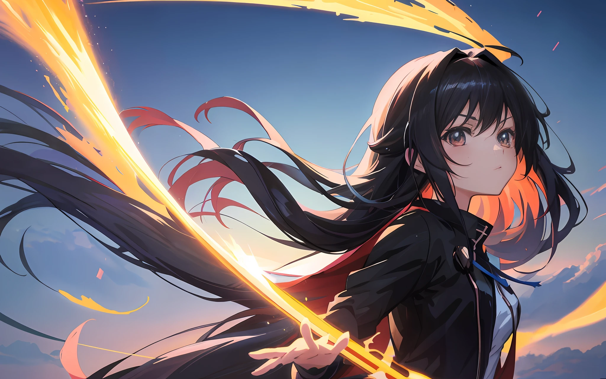 Anime girl with long black hair holding a sword in front of the sky, Anime art wallpaper 8 K, Badass anime 8 K, Anime art wallpaper 4k, Anime art wallpaper 4 K, style of anime4 K, 4K anime wallpaper, Anime wallpaper 4 k, Anime wallpaper 4K, Artgerm and Atey Ghailan, 4k manga wallpapers