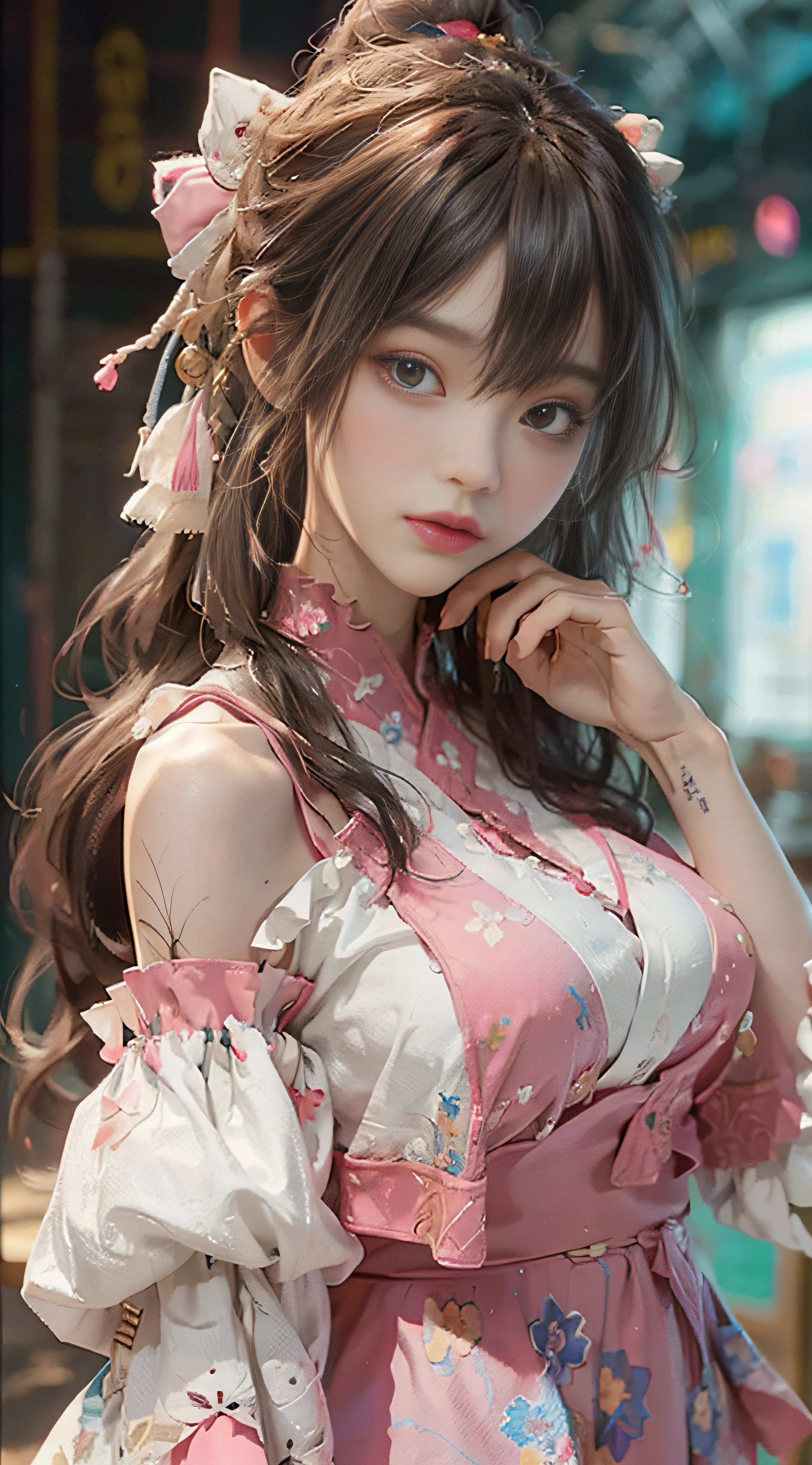 ((best qualtiy)), ((tmasterpiece)), (detail:1.4), 3D, Beautiful cyberpunk female images,hdr(HighDynamicRange),Ray traching,NVIDIA RTX,Hyper-Resolution,illusory 5,Sub-surface scattering,PBR textures,post-proces,Anisotropy Filtering,depth of fields,maximum definition and sharpness,Many-Layer Textures,Albedo e mapas Speculares,Surface coloring,Mitsu-Accurate simulation of material interactions,perfectly proportioned,rendering by octane,Two-colored light,largeaperture,Low ISO,White balance,Rule three points、8K raw data、beautiful bright pupils,off-the-shoulder clothes,Fine pupils,Delicate face and eyes,long eyelasher,Blushlush,Delicate and fluffy hair,Pink lips,Pure,Cute big breasts,Sweet girl,Artistic sense,Casual wear,Advancedsense,butterflys,Cherry blossom petal,Beautiful hair accessories