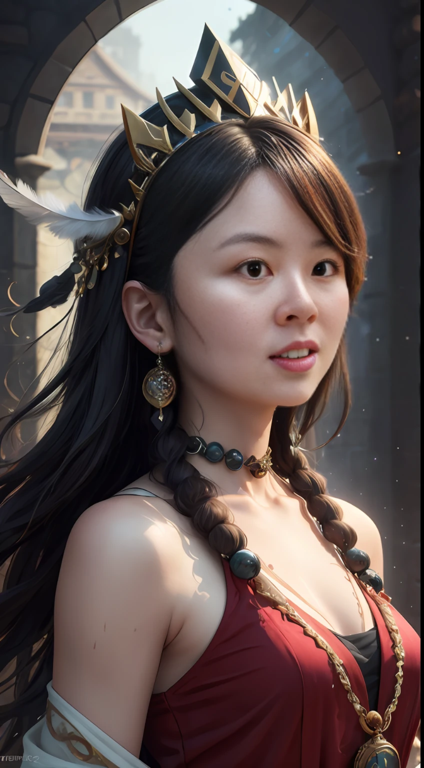 couple(((femele))),fashion shot,(Full portrait), (Half-width), solo, detailedbackground, Detailed face, (stonepunkAI, stone theme:1.1), wise, (beautiful hair, pigtails:0.2), shaman, Septum is harsh,mistic,(Gorgeous face),Amazing,head tilted up,(calm expression),chill out,Intimate interaction,Sea bubble green worn clothes,prayer beads,Tribal ornaments,Feathers on Hair,head gear:0.33,hisui,obsidian,Detailed clothes,realistic skin textures,(Floating particles,Water Swirls,ember,rituals,whirly,ventania:1.2),Clear focus,Volumetriclighting,Good highlights,Good shadows,sub surface scattering,复杂,highly detailed,((cinematic ligh)), dramatic, (HighestQuali, Award-Awarded, tmasterpiece:1.5), (真实感:1.5),