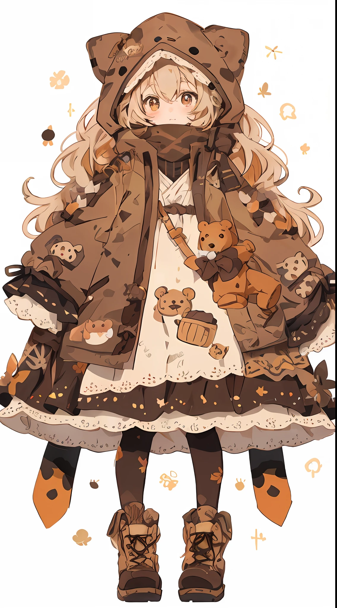 Teddy bear anime girl with brown coat and brown boots, 🍂 Cute, Cute art style, 🍁 Cute, small curvy , cute detailed artwork, anime full body illustration, Brown clothes, Lori, lolidress, full body commission for, Anime visuals of cute girls, Cute anime waifu in a nice dress, cute anime style
