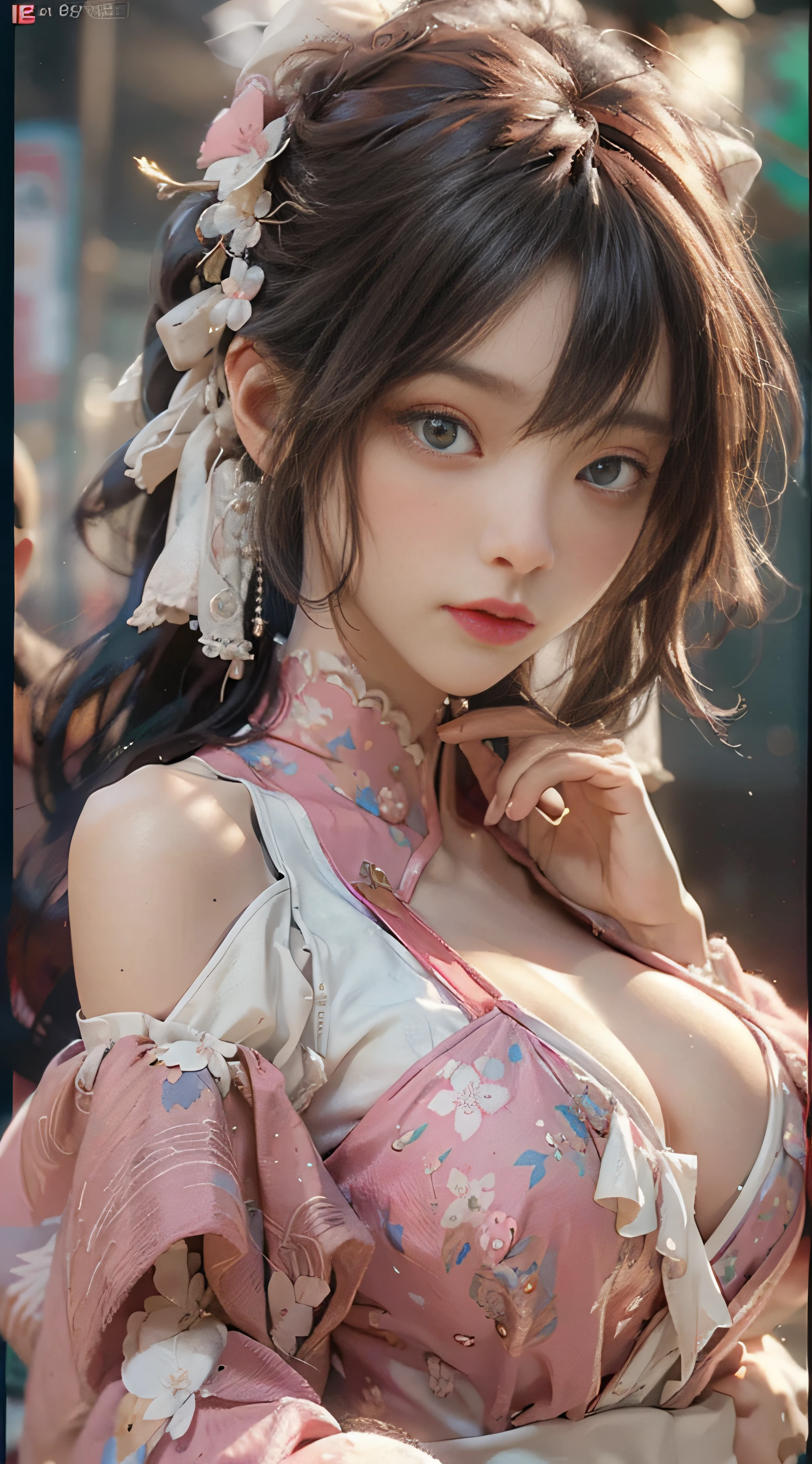 ((best qualtiy)), ((tmasterpiece)), (detail:1.4), 3D, Beautiful cyberpunk female images,hdr(HighDynamicRange),Ray traching,NVIDIA RTX,Hyper-Resolution,illusory 5,Sub-surface scattering,PBR textures,post-proces,Anisotropy Filtering,depth of fields,maximum definition and sharpness,Many-Layer Textures,Albedo e mapas Speculares,Surface coloring,Mitsu-Accurate simulation of material interactions,perfectly proportioned,rendering by octane,Two-colored light,largeaperture,Low ISO,White balance,Rule three points、8K raw data、beautiful bright pupils,off-the-shoulder clothes,Fine pupils,Delicate face and eyes,long eyelasher,Blushlush,Delicate and fluffy hair,Pink lips,Pure,Cute big breasts,Sweet girl,Artistic sense,Casual wear,Advancedsense,butterflys,Cherry blossom petal,Beautiful hair accessories