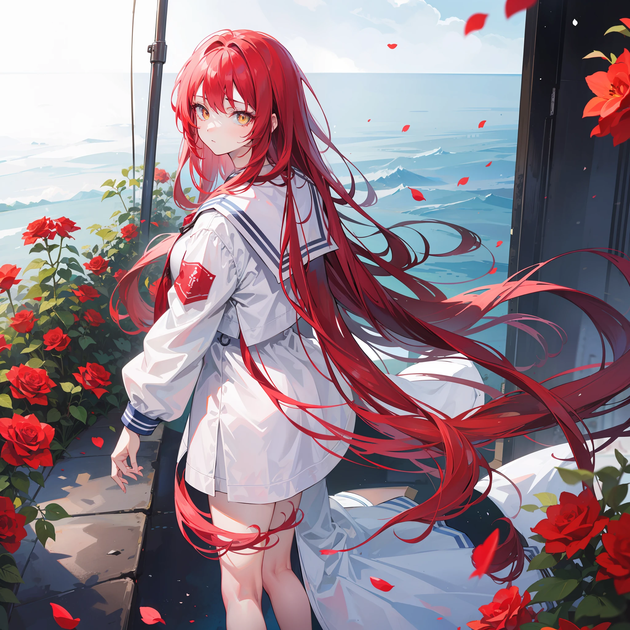 school ground,teens girl,Red long-haired,Yellow pupil,High and cold personality,The expression was melancholy,a sailor suit,Tall and tall,Roses in hand