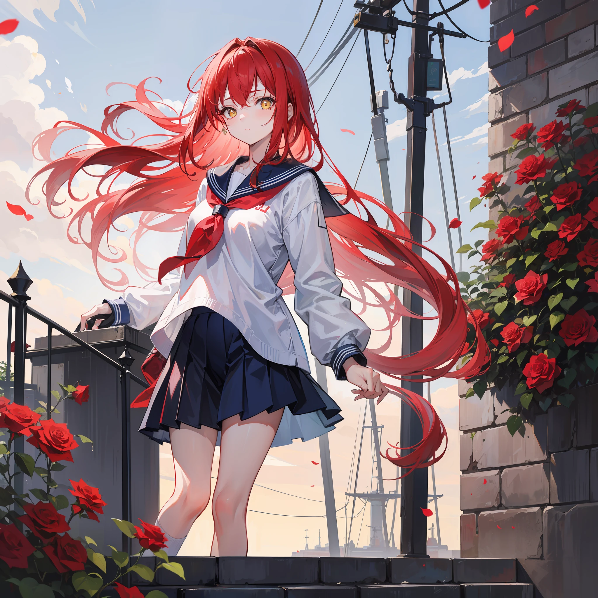 school ground,s girl,Red long-haired,Yellow pupil,High and cold personality,The expression was melancholy,a sailor suit,Tall and tall,Roses in hand