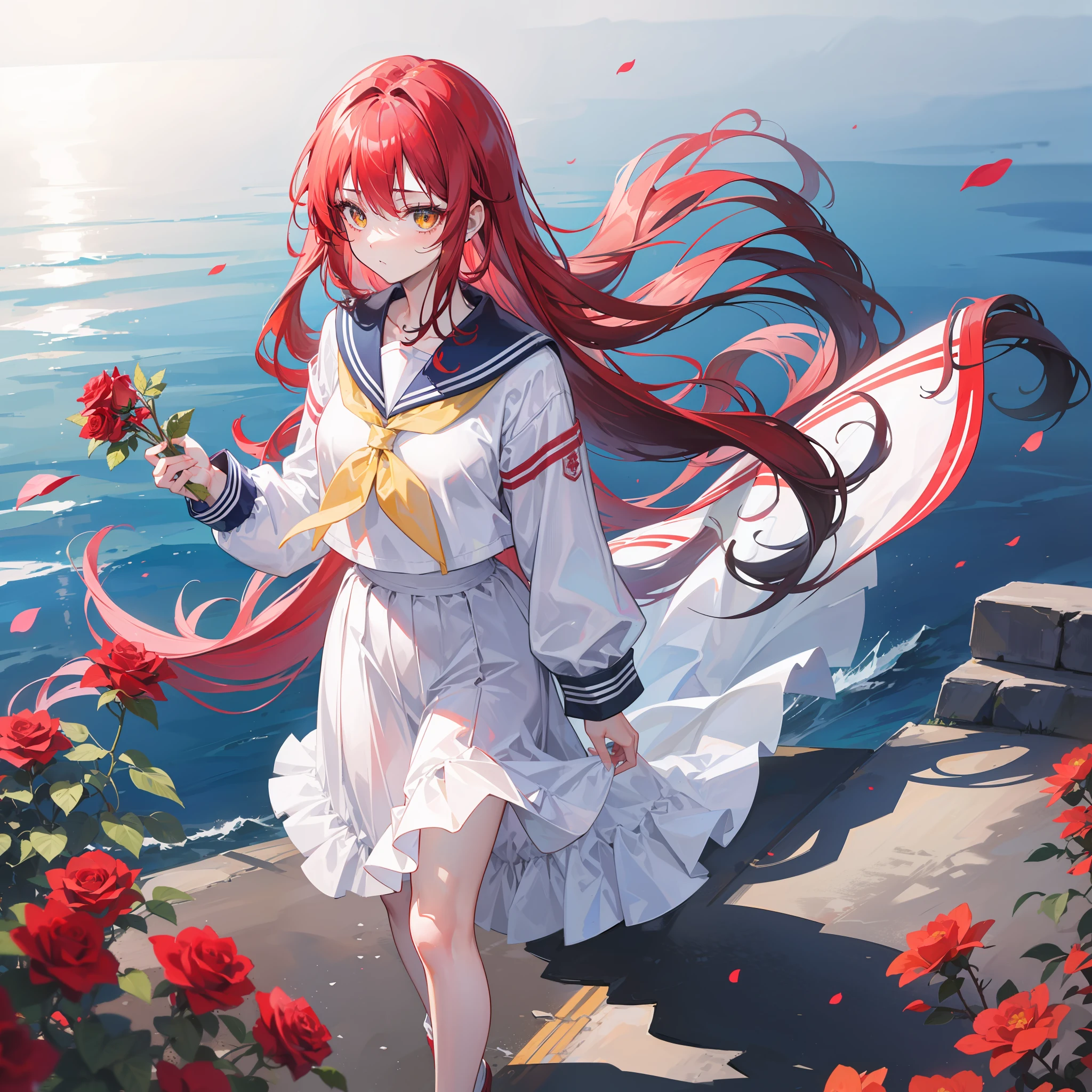 school ground，teens girl，Red long-haired，Yellow pupil，High and cold personality，The expression was melancholy，a sailor suit，Tall and tall，Roses in hand