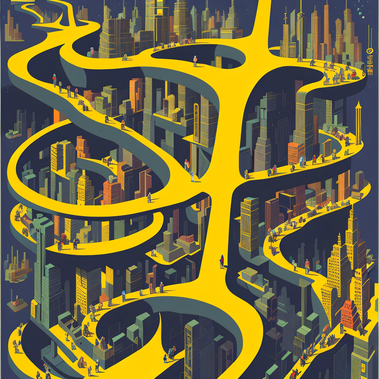 The road bends into the shape of a human limb，There is a poster of the city with winding roads, maze of streets, Poster illustration, an illustration of inspired by Victo Ngai, ( ( victo ngai ) ), victo ngai style, Surreal neuron city, victo ngai. illusory engine, victo ngai cyberpunk style, Winding streets, kilian eng. Moebius