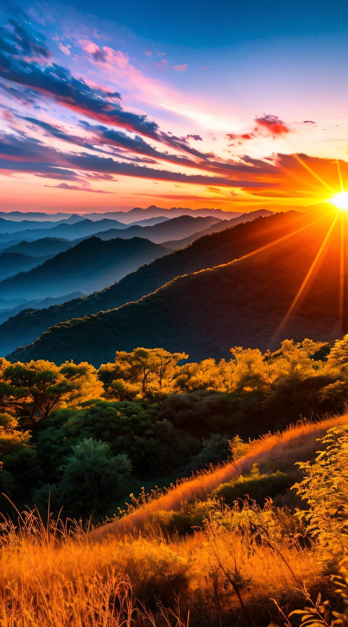 Sunset, evening glow, distant view, realistic, rich colors, gorgeous and colorful, wide-angle lens, shooting in the evening, positive film, naturalistic style, high-definition filming.