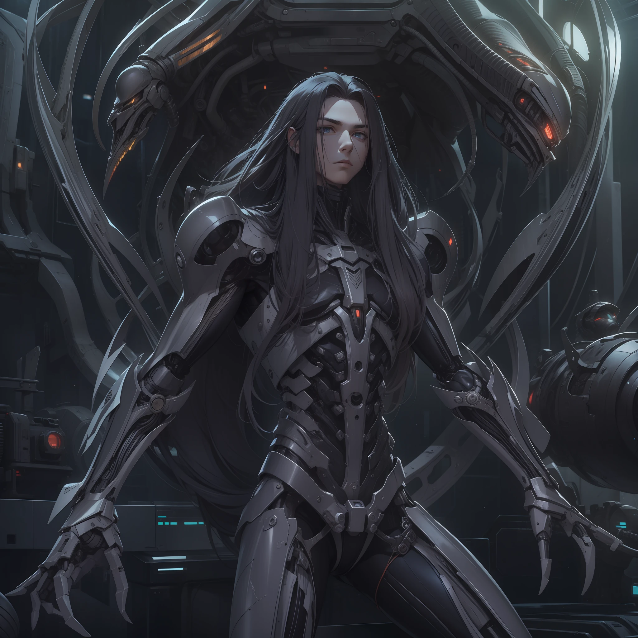 Long-haired males，Mechanical body，Cinematic texture，Alien background，Domineering